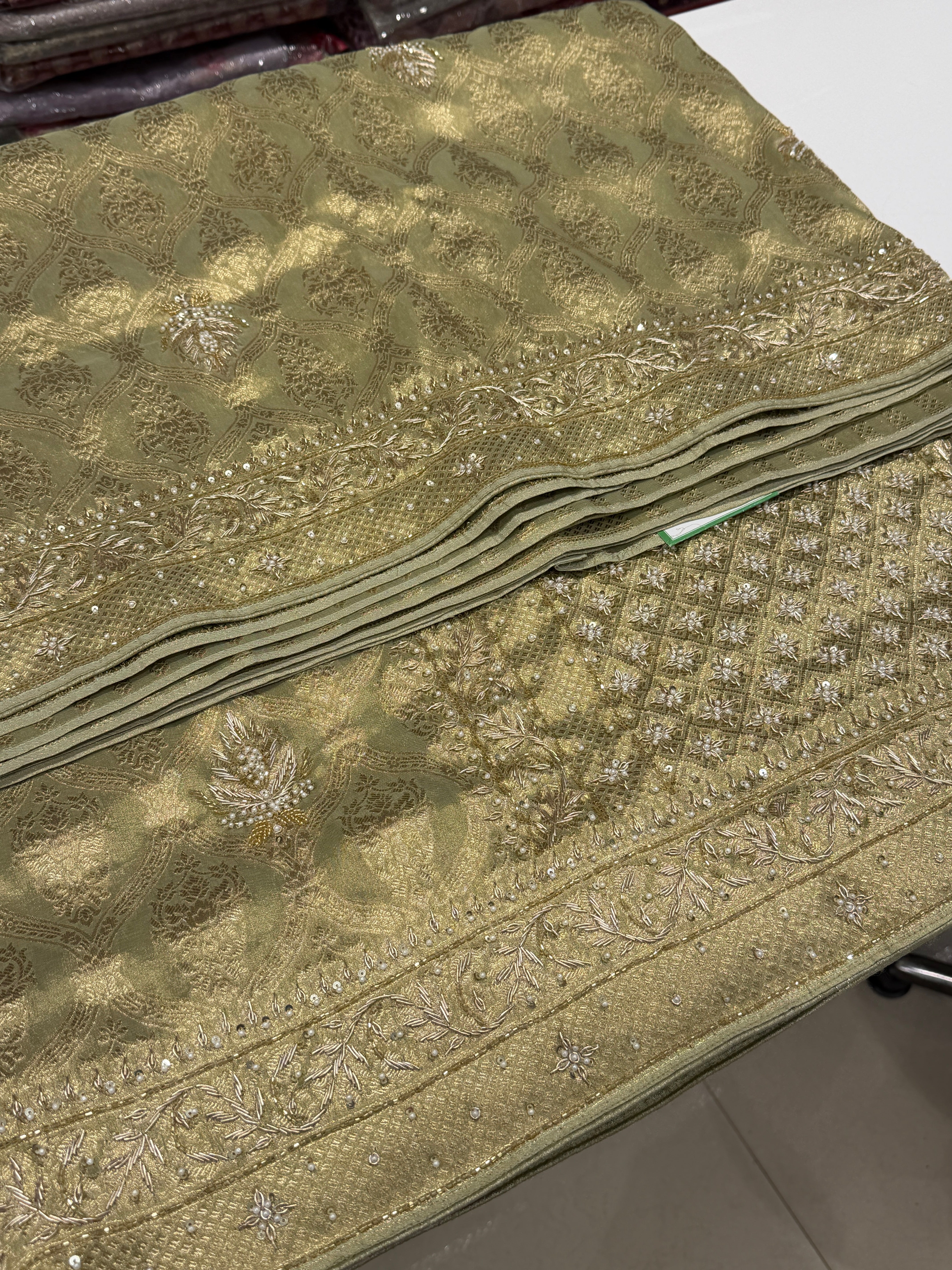 Pista Green Crown Jaal Banarasi Zardosi Embroidery Saree