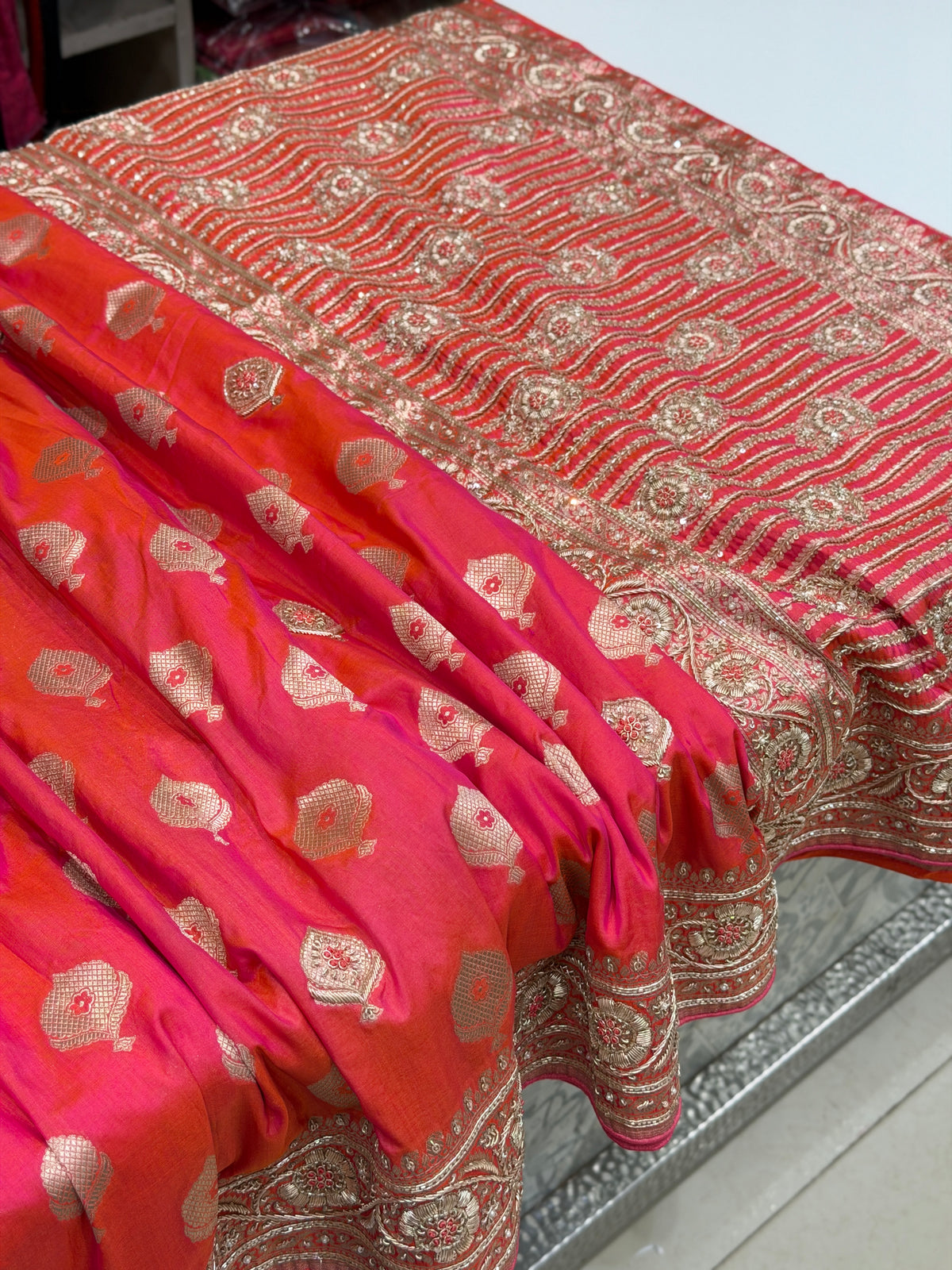 Cross Rani Handloom Banarasi Katan Silk Zardosi Hand Embroidery Saree