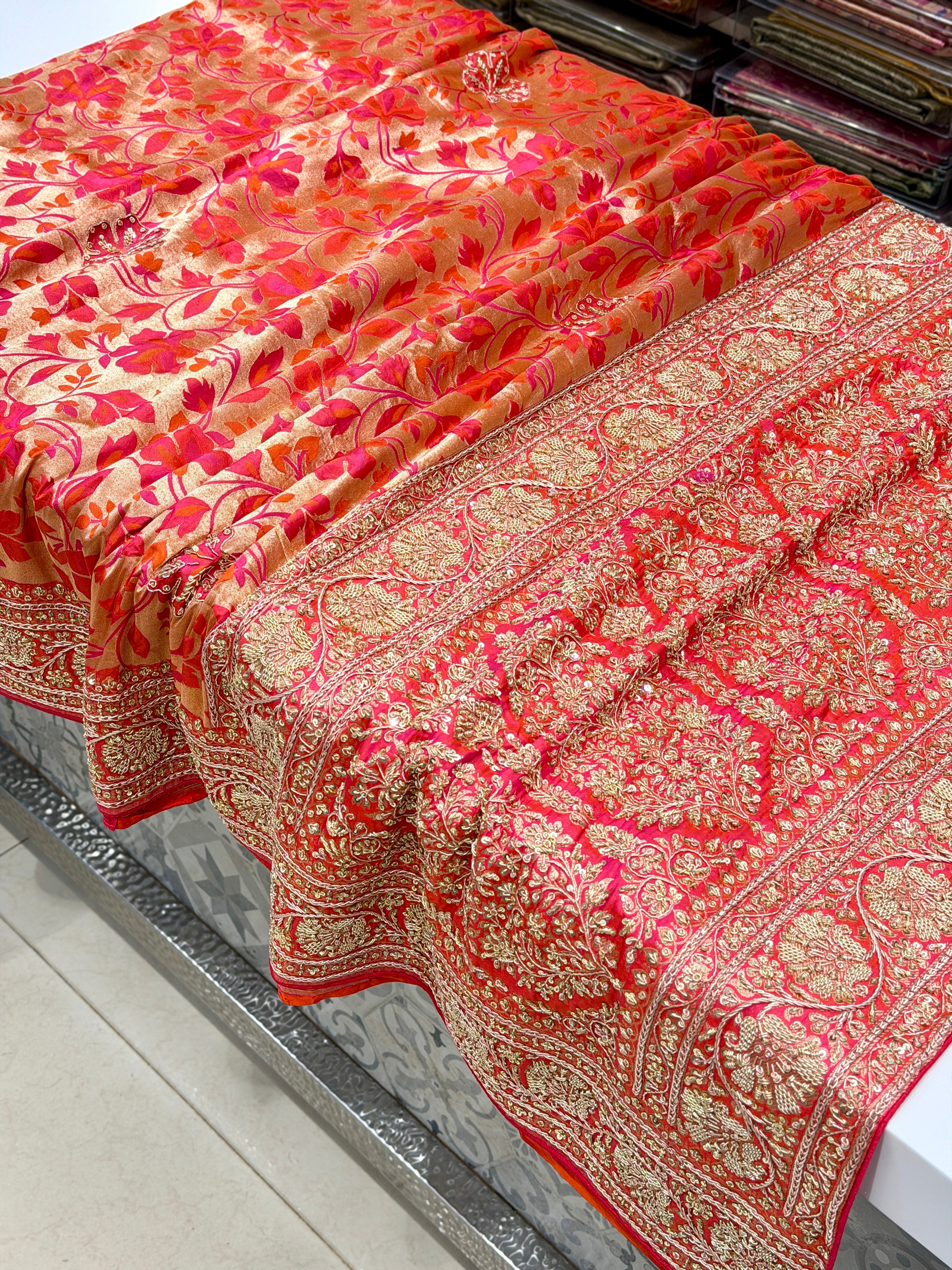 Rust Orange Handloom Banarasi Katan Silk Zardosi Hand Embroidery Saree