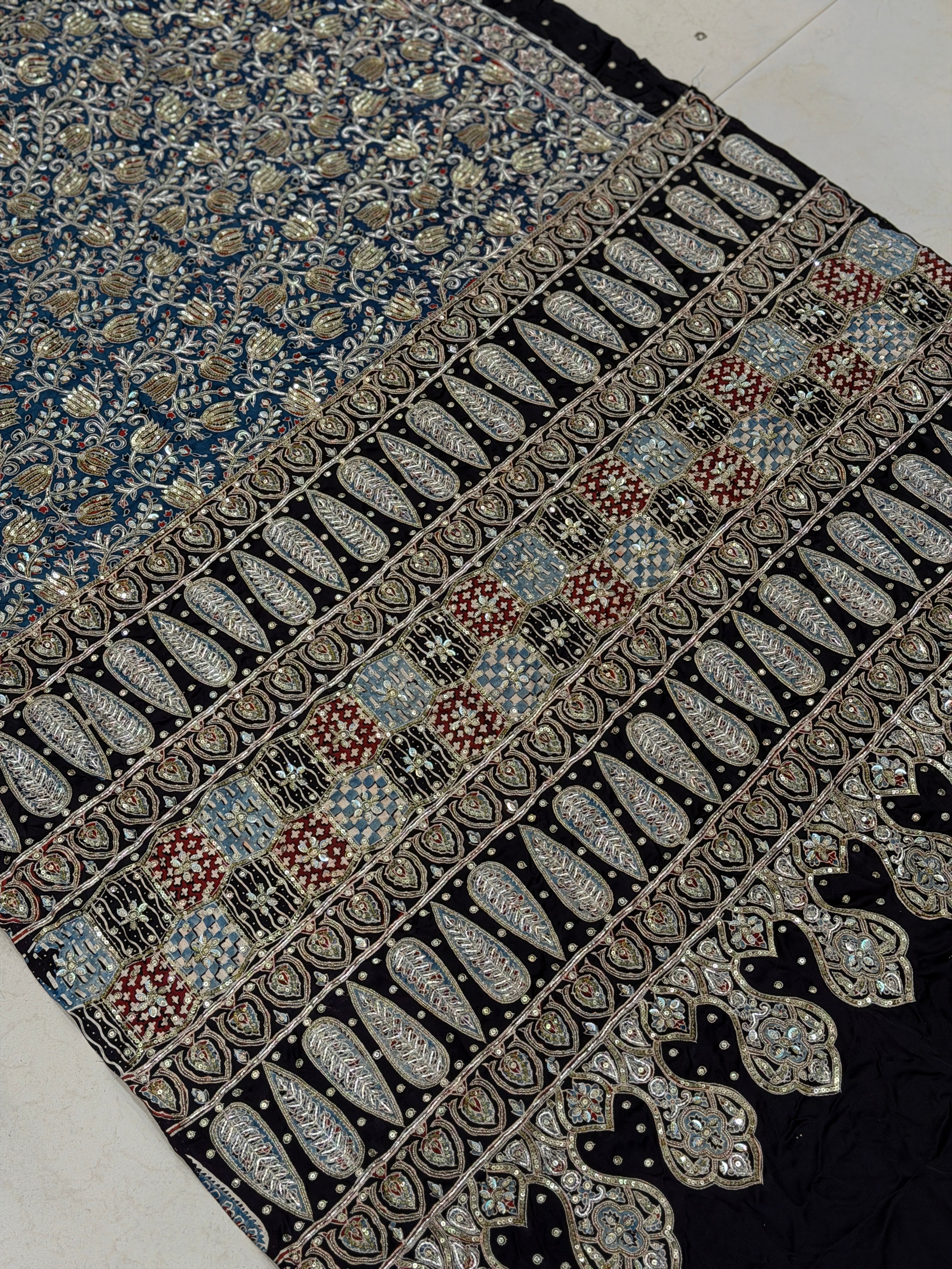 Blue Jaal Pita Sequin Ajrakh Hand Embroidery Saree