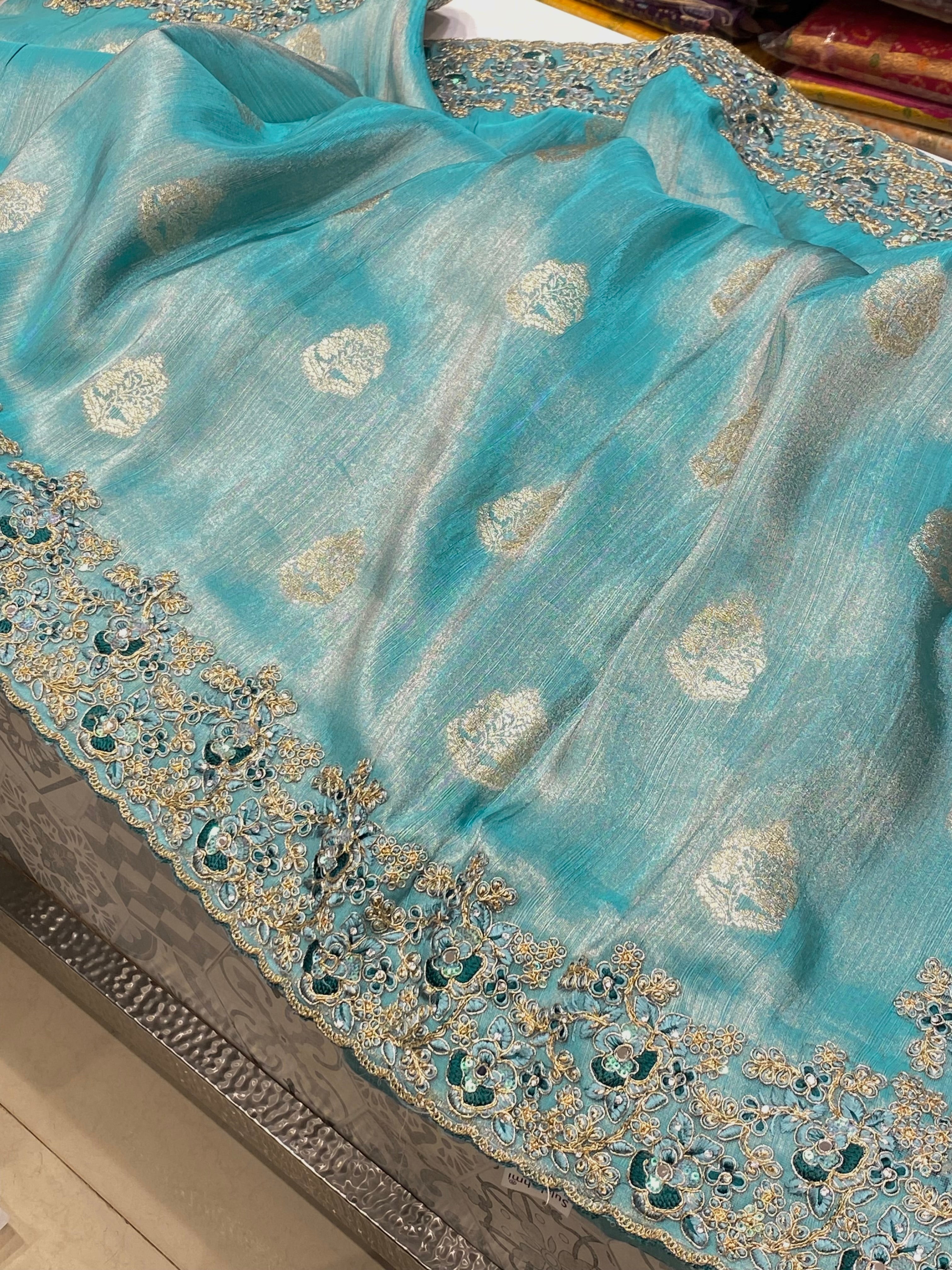 Blue Tissue Butta Border Embroidered Saree