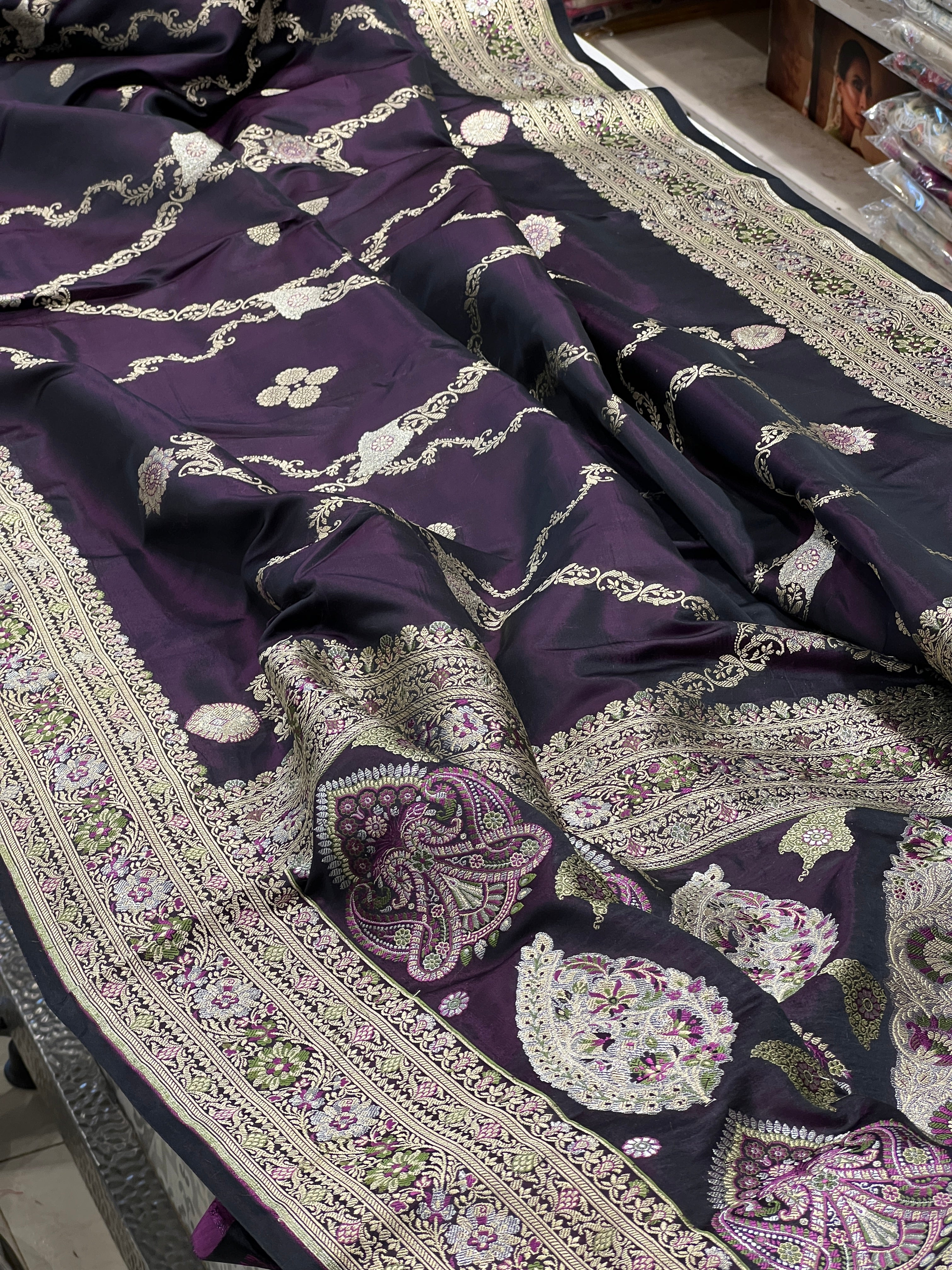 Wine Banarasi Silk Dhup Chav Contemporary Jaal Saree