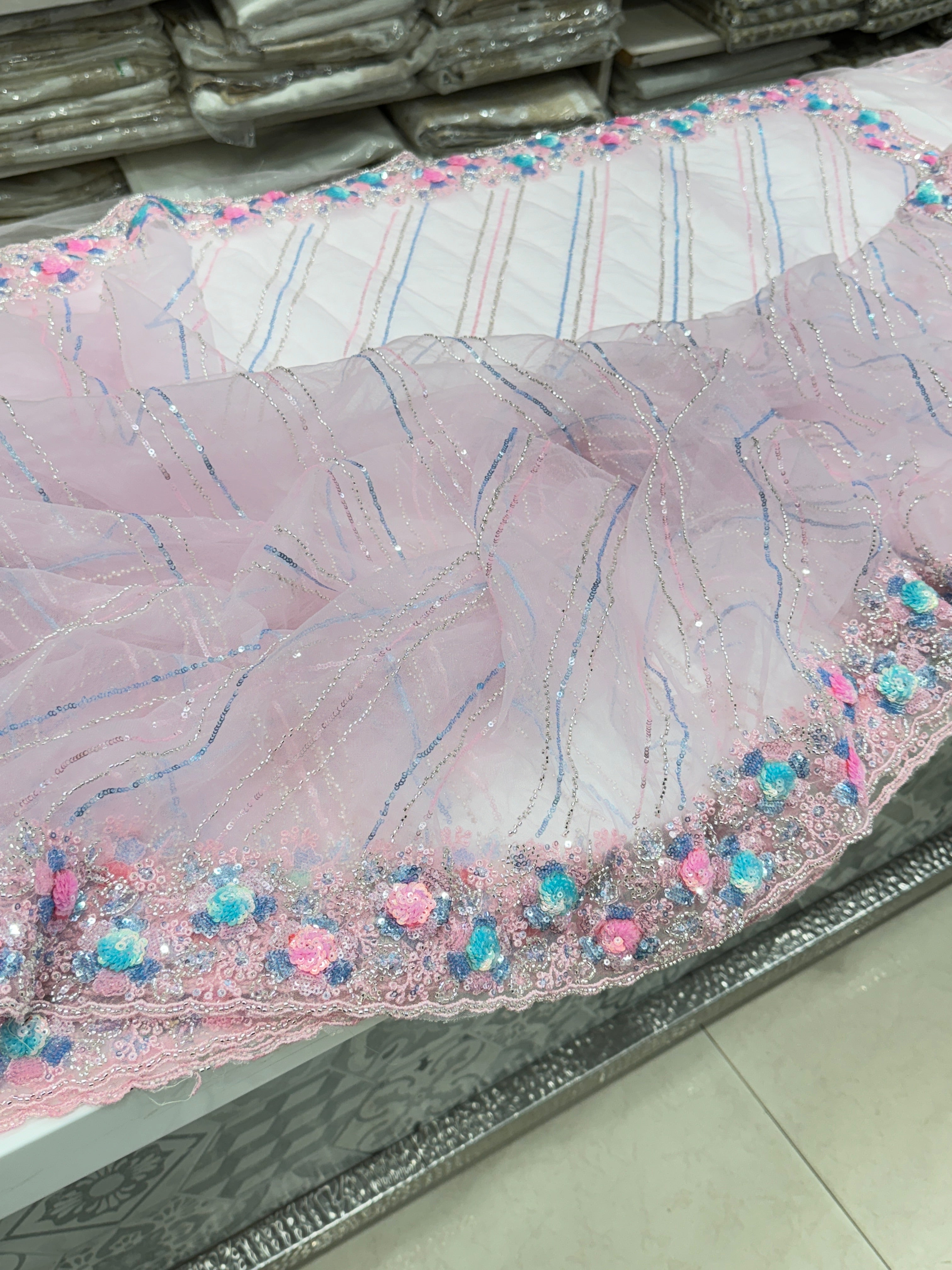 Pink Multi Sequin Net Hand Embroidery Saree