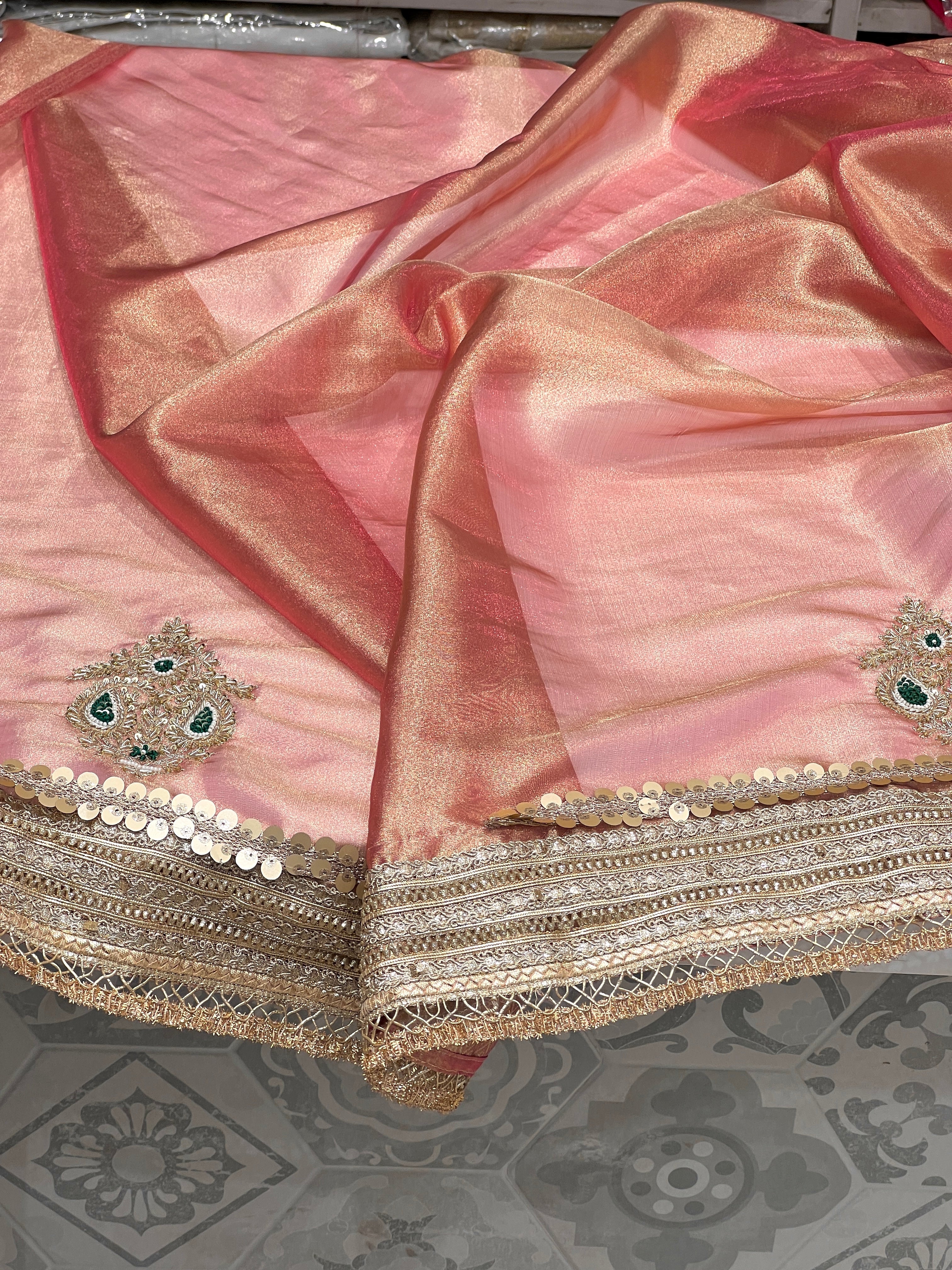 Reddish Pink Tissue Zardozi Butta Saree