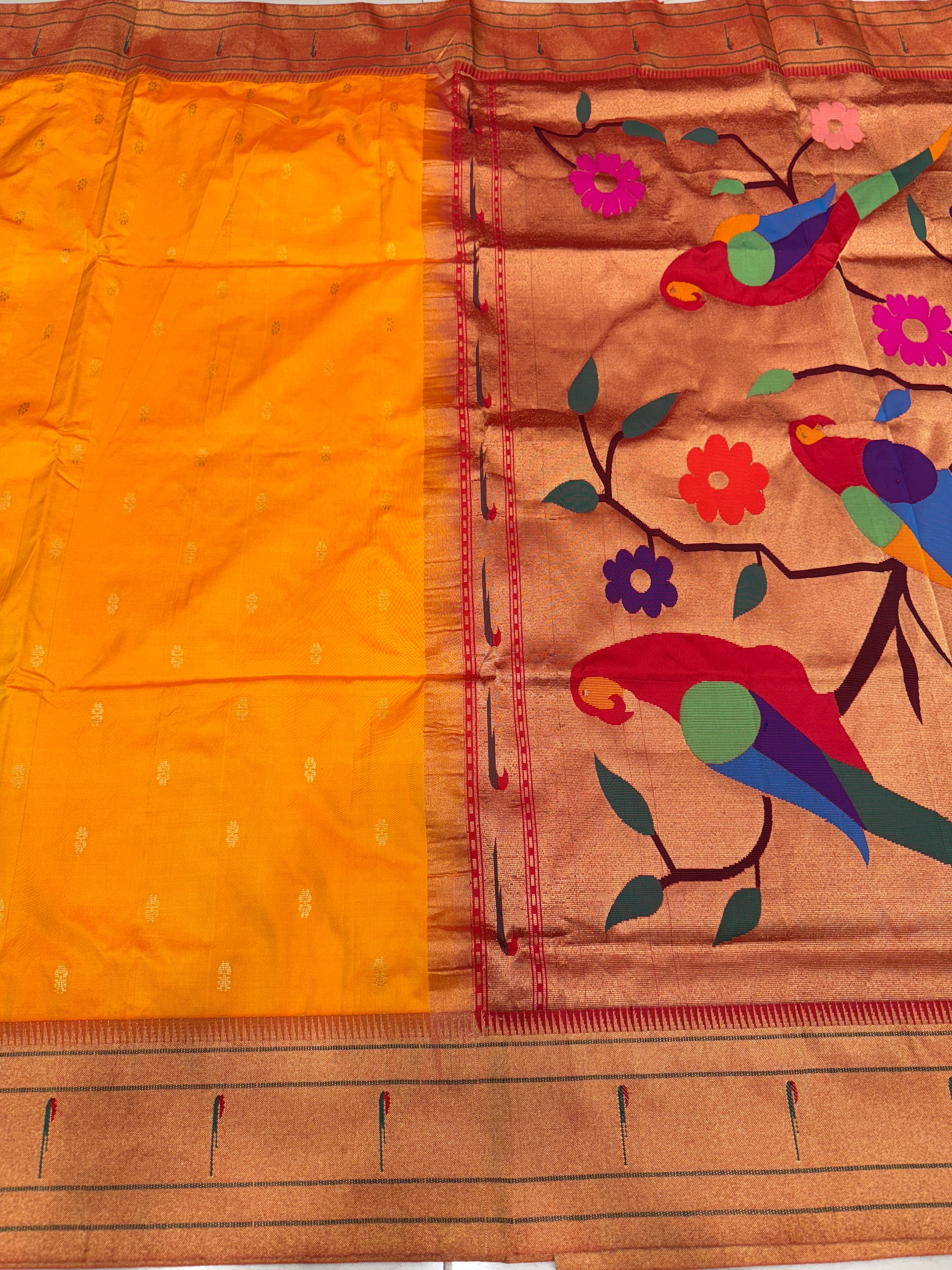 Yellow Muniya Pure Silk Handloom Paithani Saree
