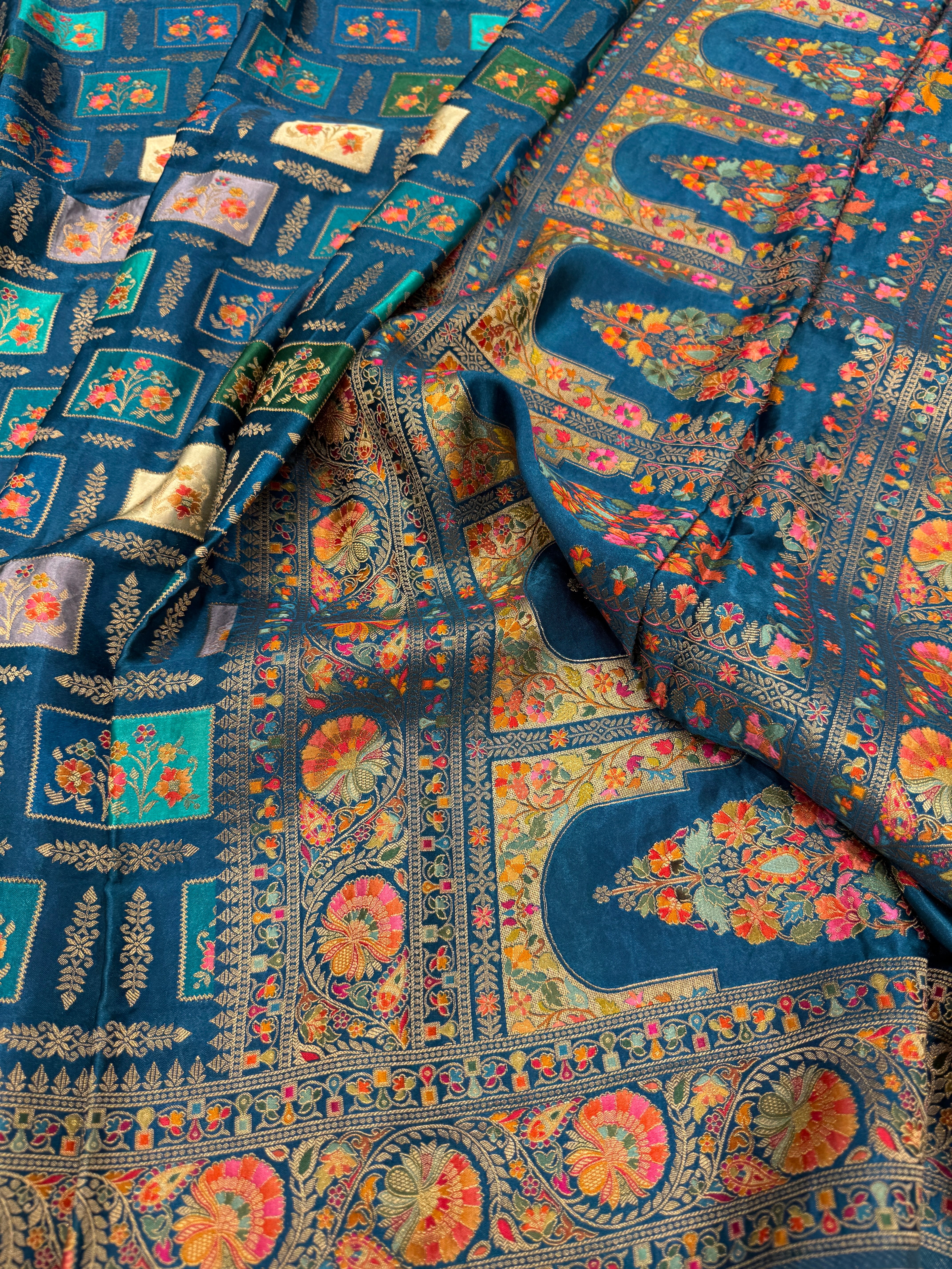 Rama Blue Box Check Banarasi Modal Satin Rangkat Saree