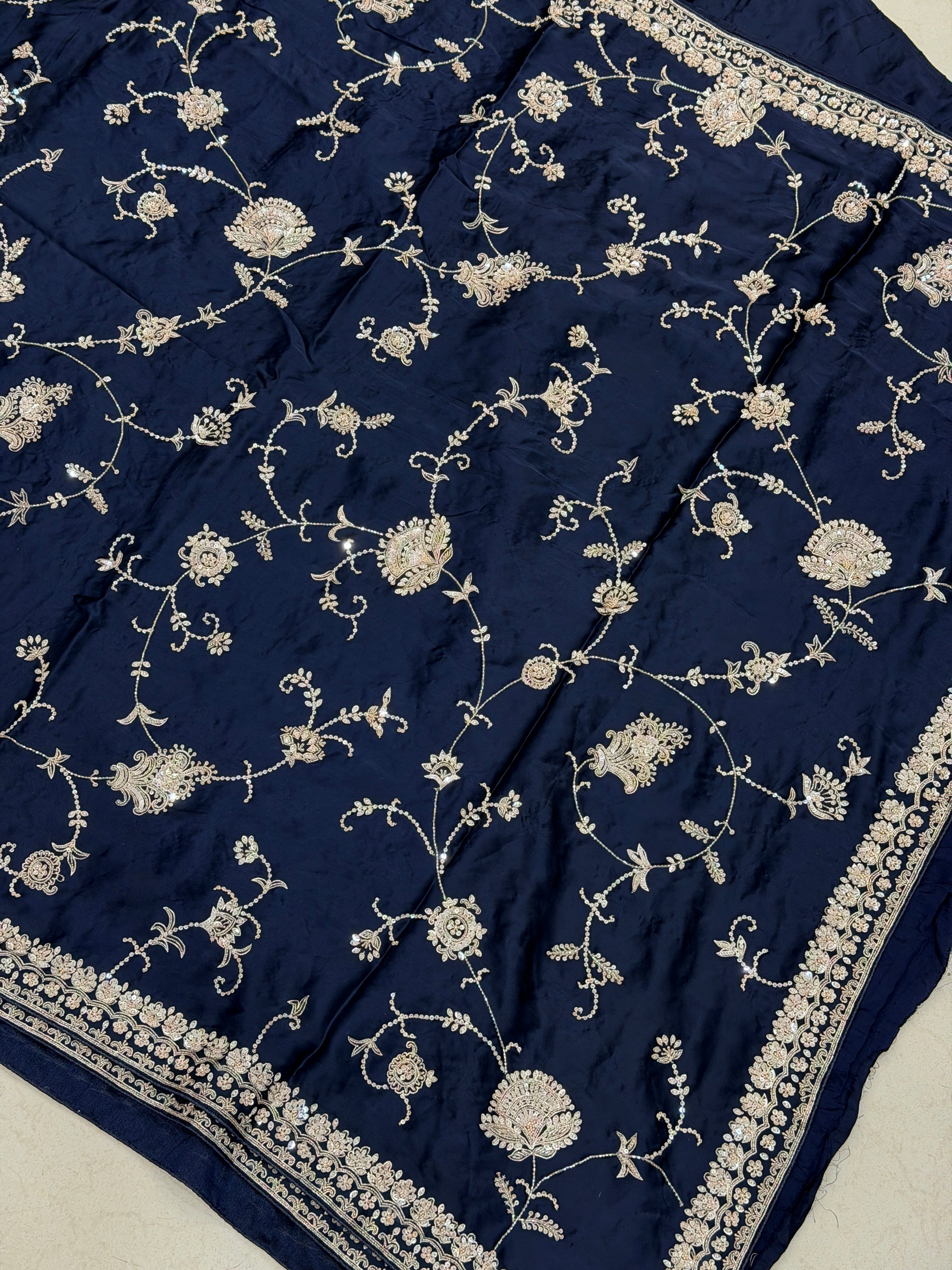 Blue Satin Silk Moti Sequin Jaal Hand Embroidery Saree