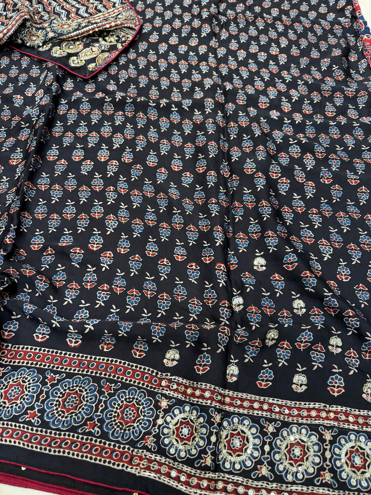 Red Black Checks Pita Zardosi Sequin Ajrakh Hand Embroidery Saree