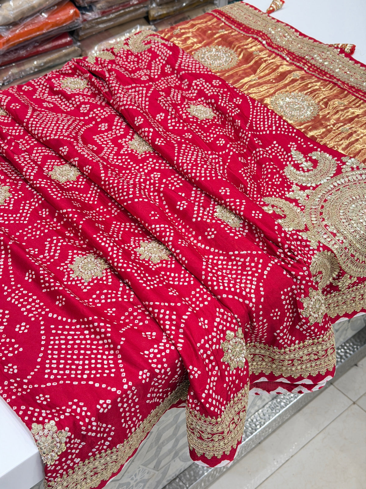 Red Gajji Silk Bandhej Gotapatti Marodi Hand Embroidery Saree