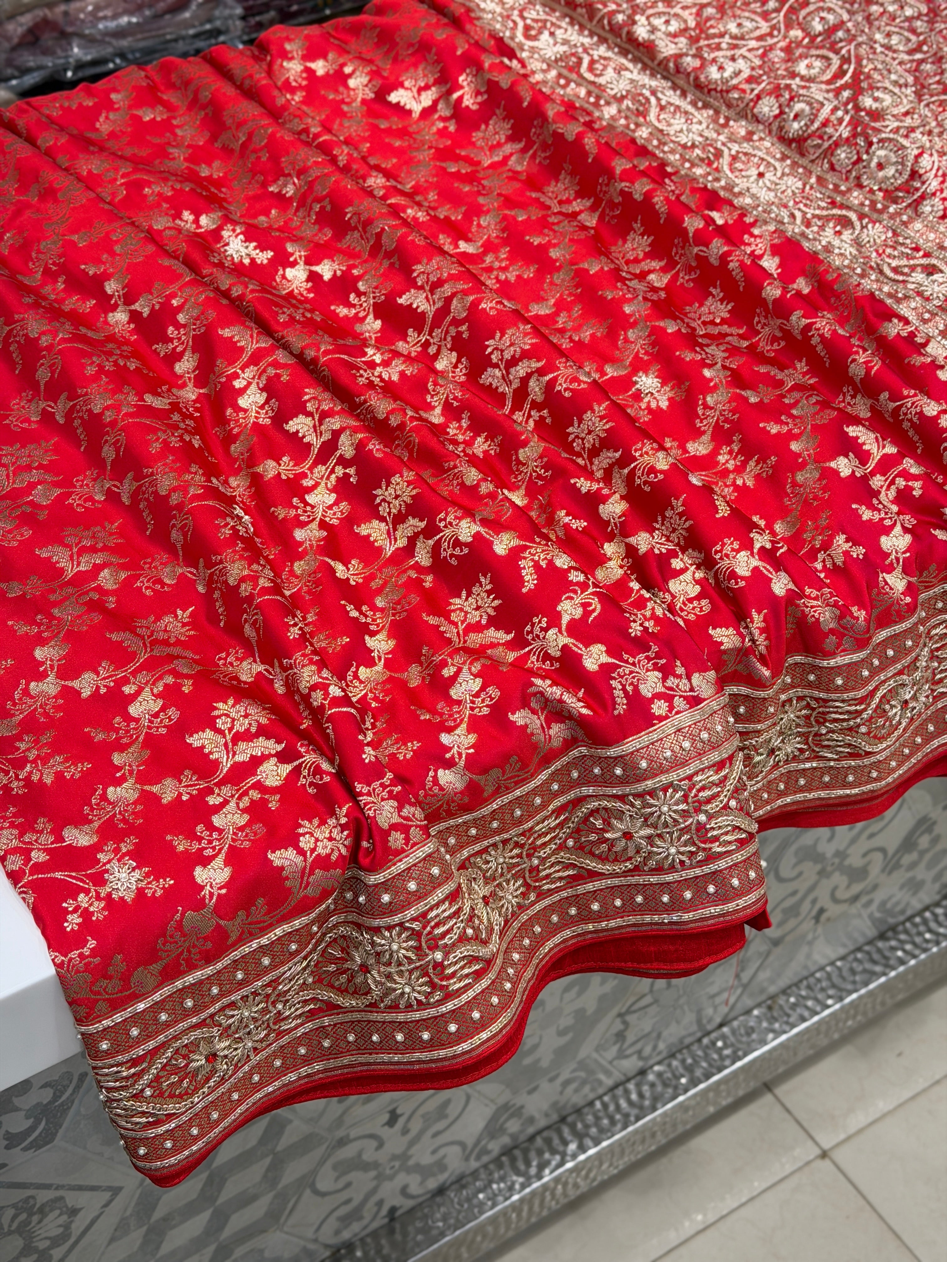 Red Banarasi Periwinkle Jaal Zardosi Crystal Hand Embroidery Saree