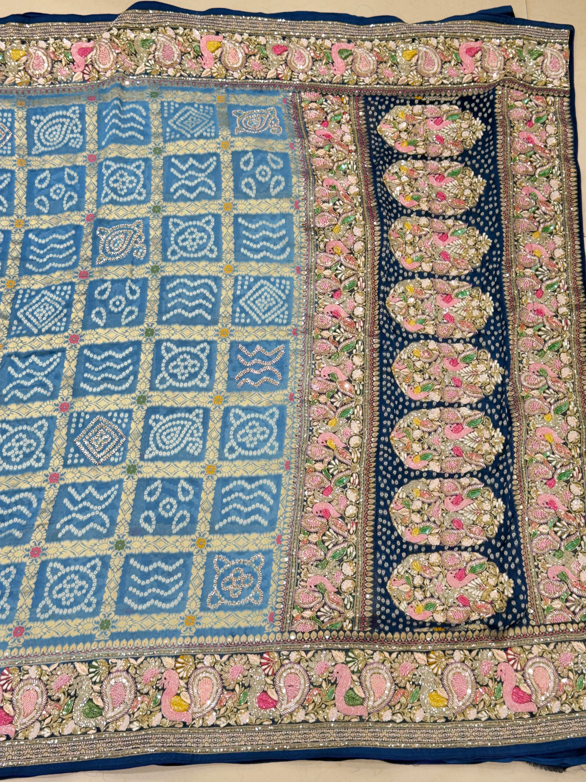 Shaded Blue Gharchola Moti Sequin Zardosi Hand Embroidery Georgette Saree