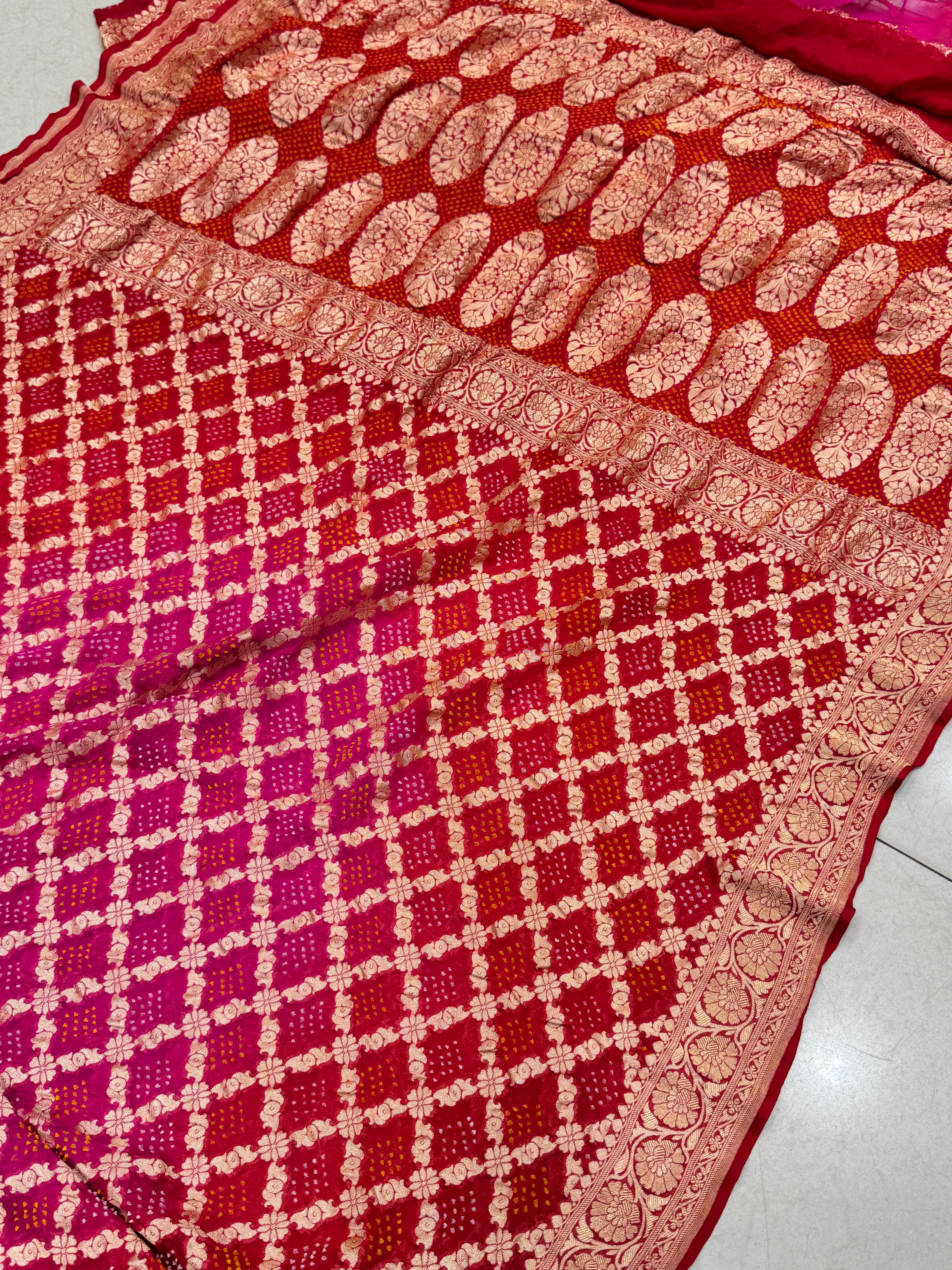 Red Rani Shaded Bandhej Bandhini Saree