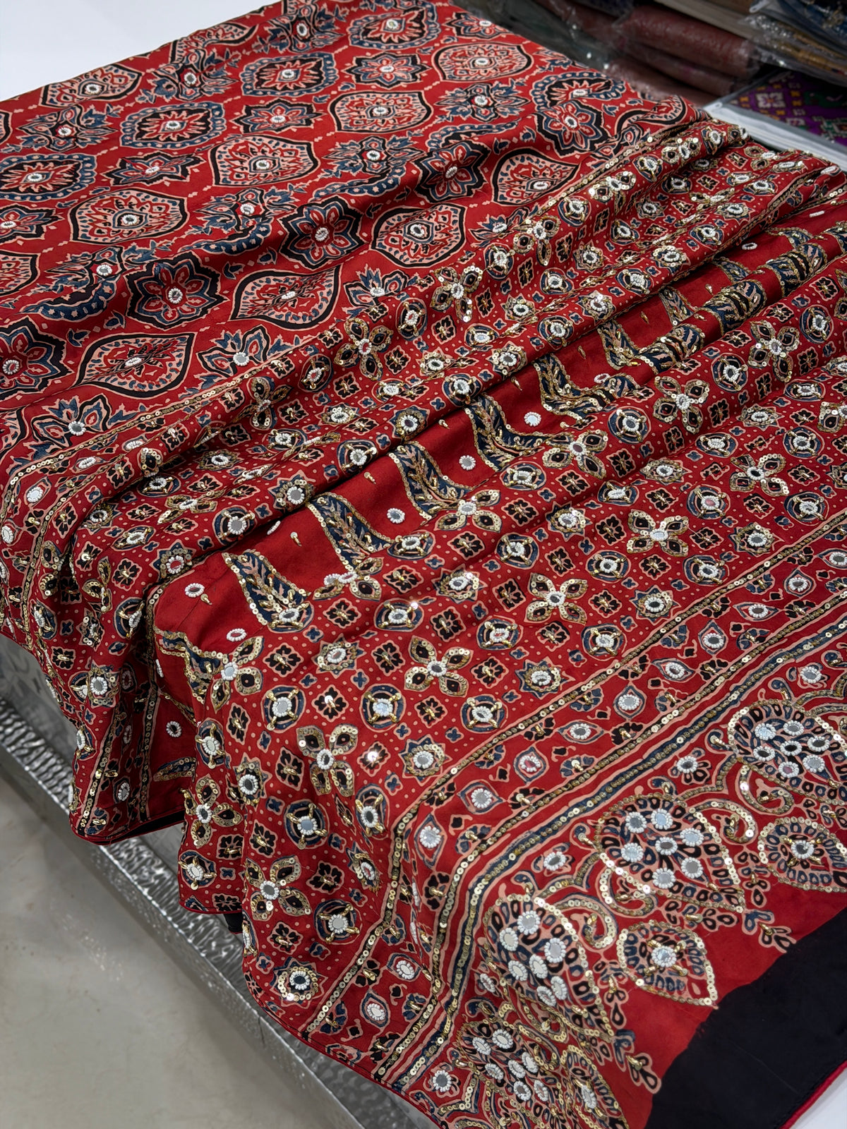 Red Badam Jaal Ajrakh Real Mirror Moti Sequin Hand Embroidery Saree