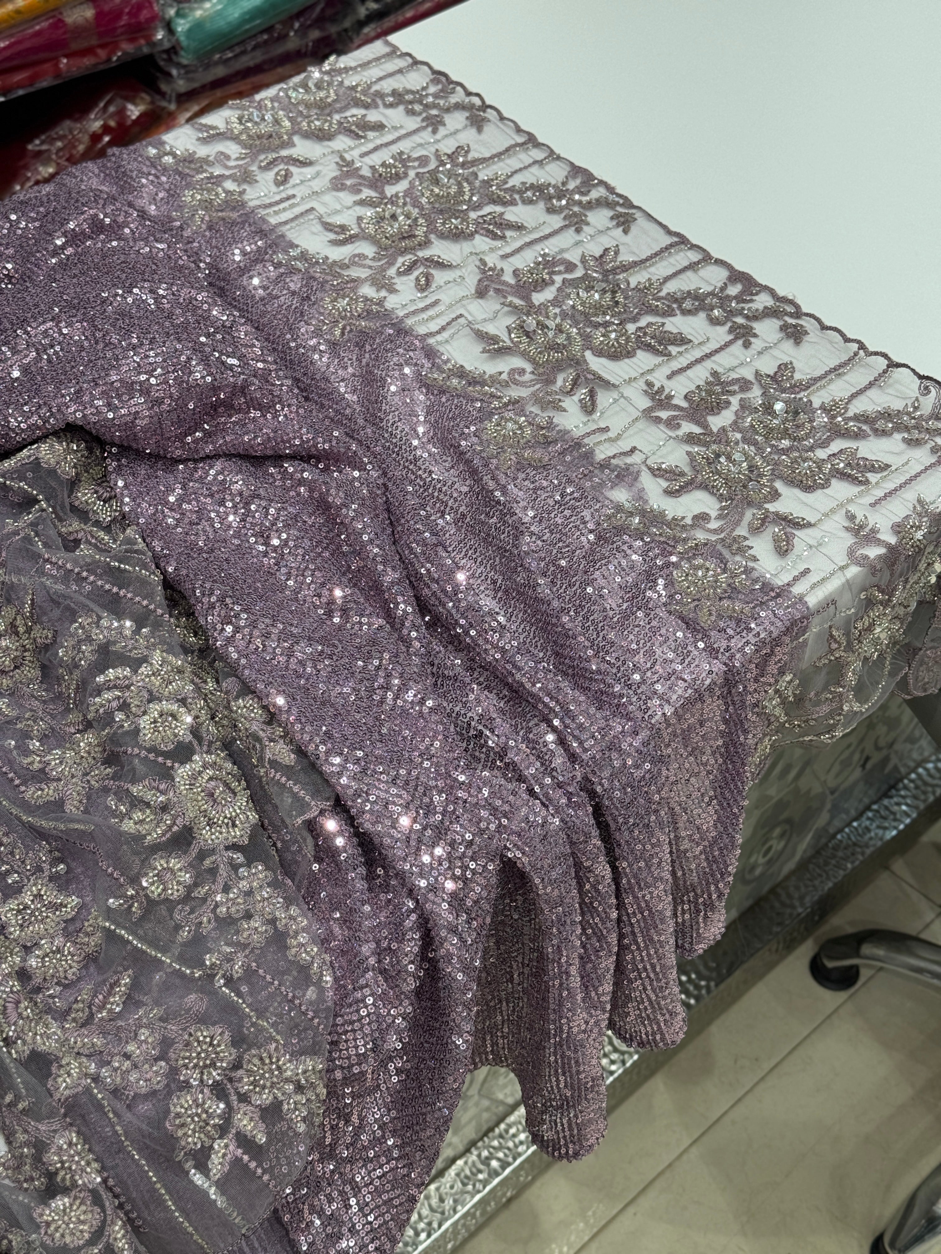 Lilac Embroidery Net Half and Half Saree
