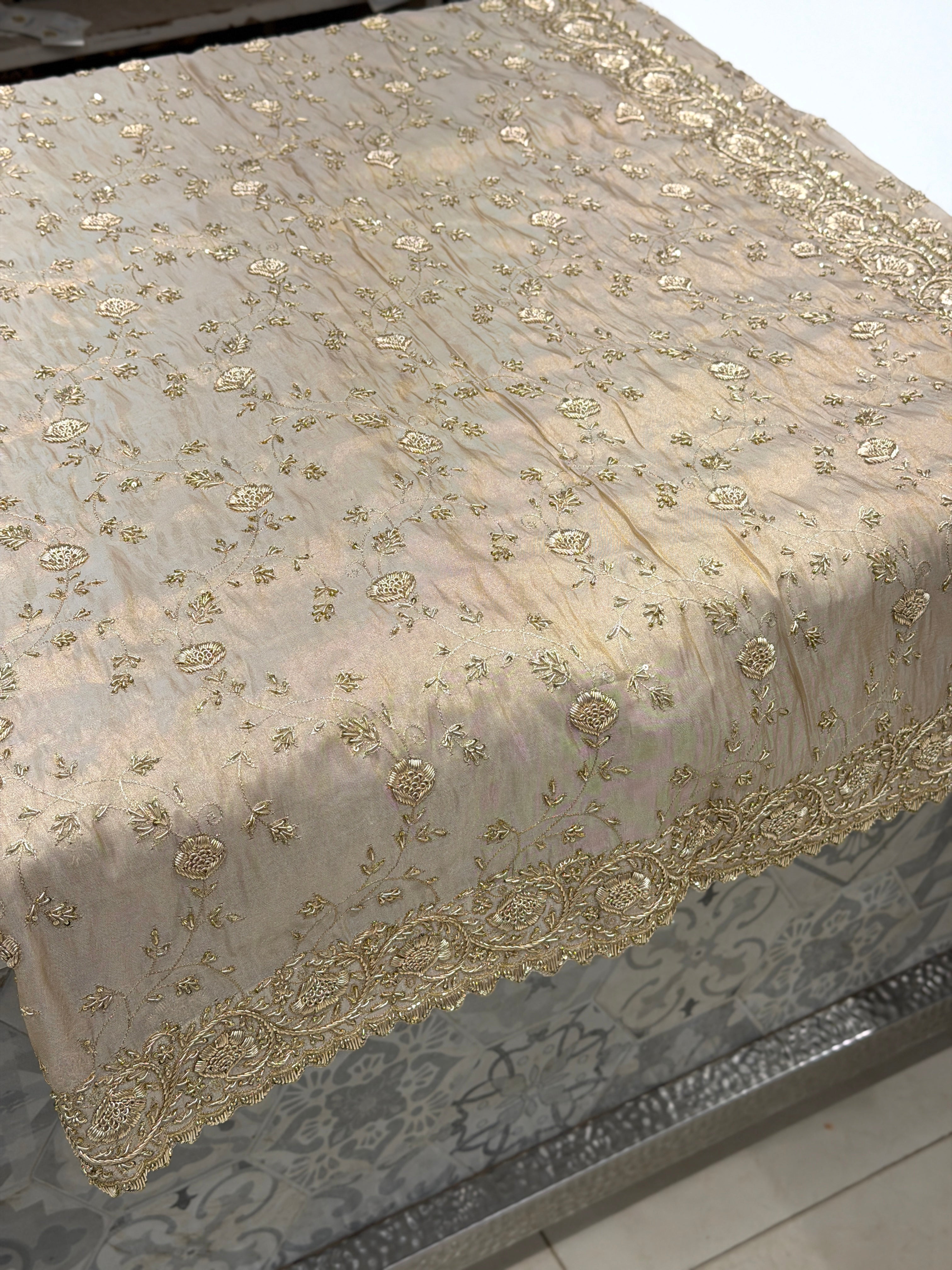 Ivory Tissue Zardosi Floral Jaal Hand Embroidery Saree