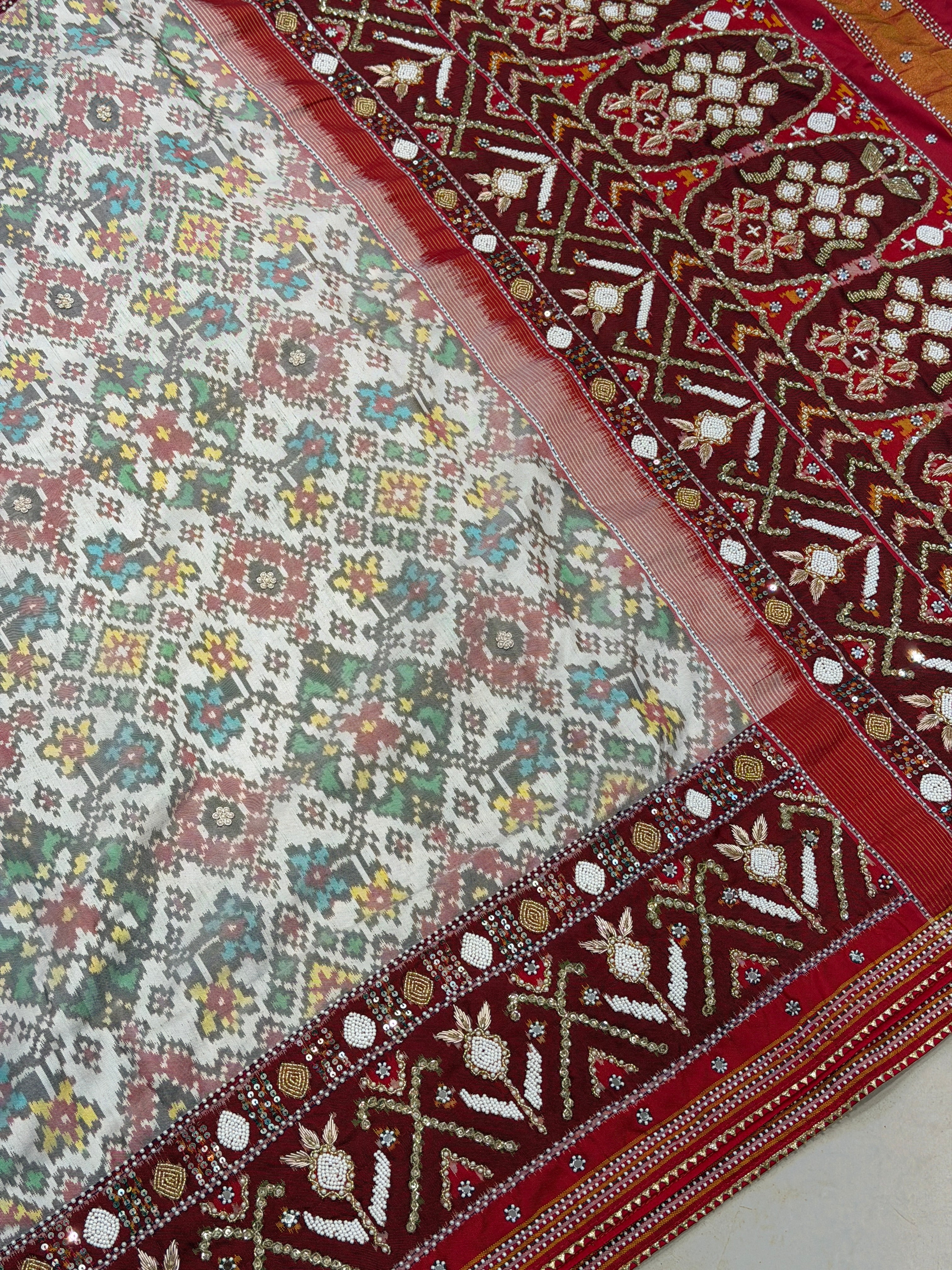White Red Heavy Blouse Patan Patola Hand Embroidery Kidiya Moti Zardosi Saree