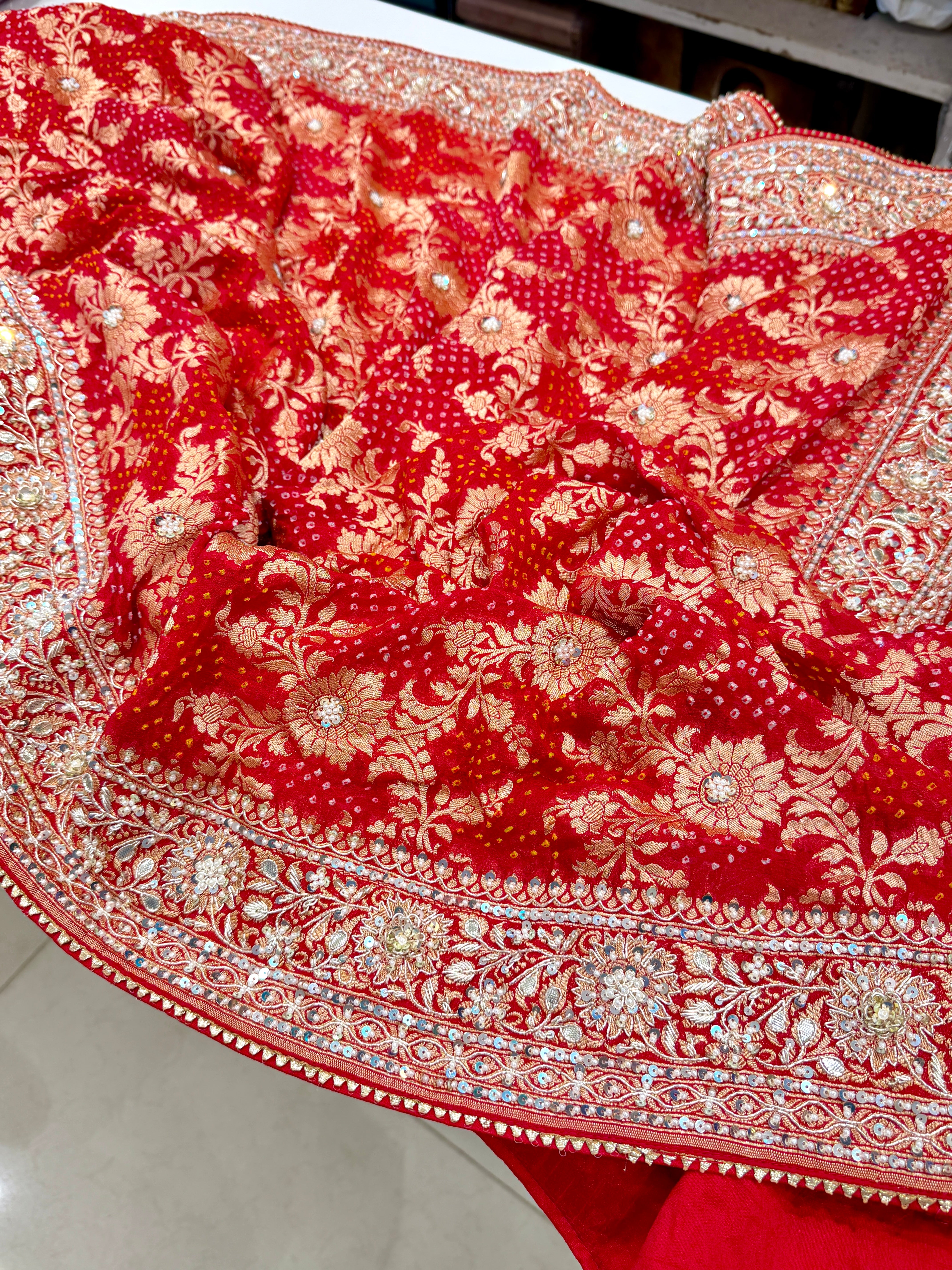Red Bandhej Zardosi Hand Embroidery Saree