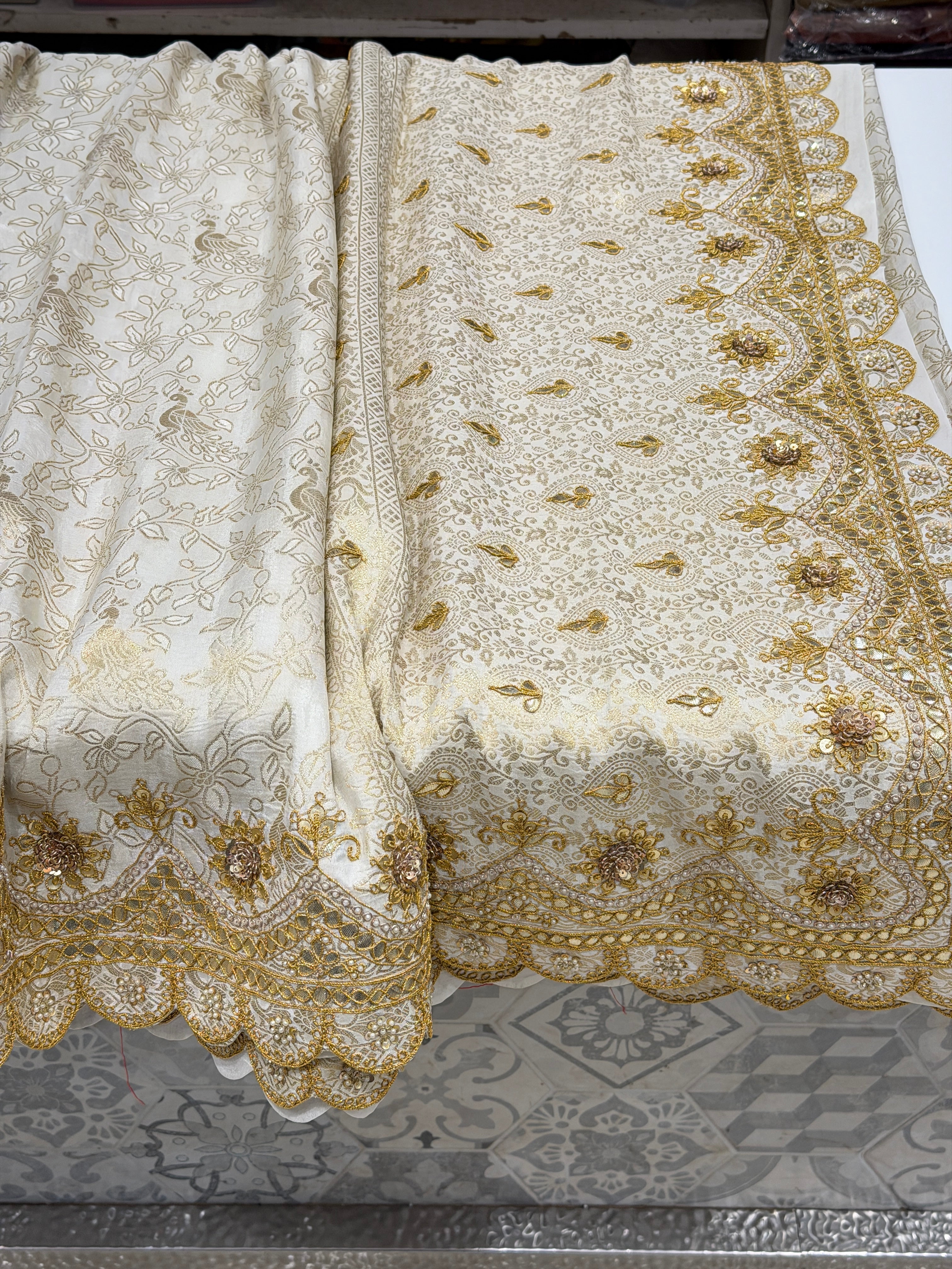 Moti White Banarasi Crepe Hand Gotapatti Marodi Saree