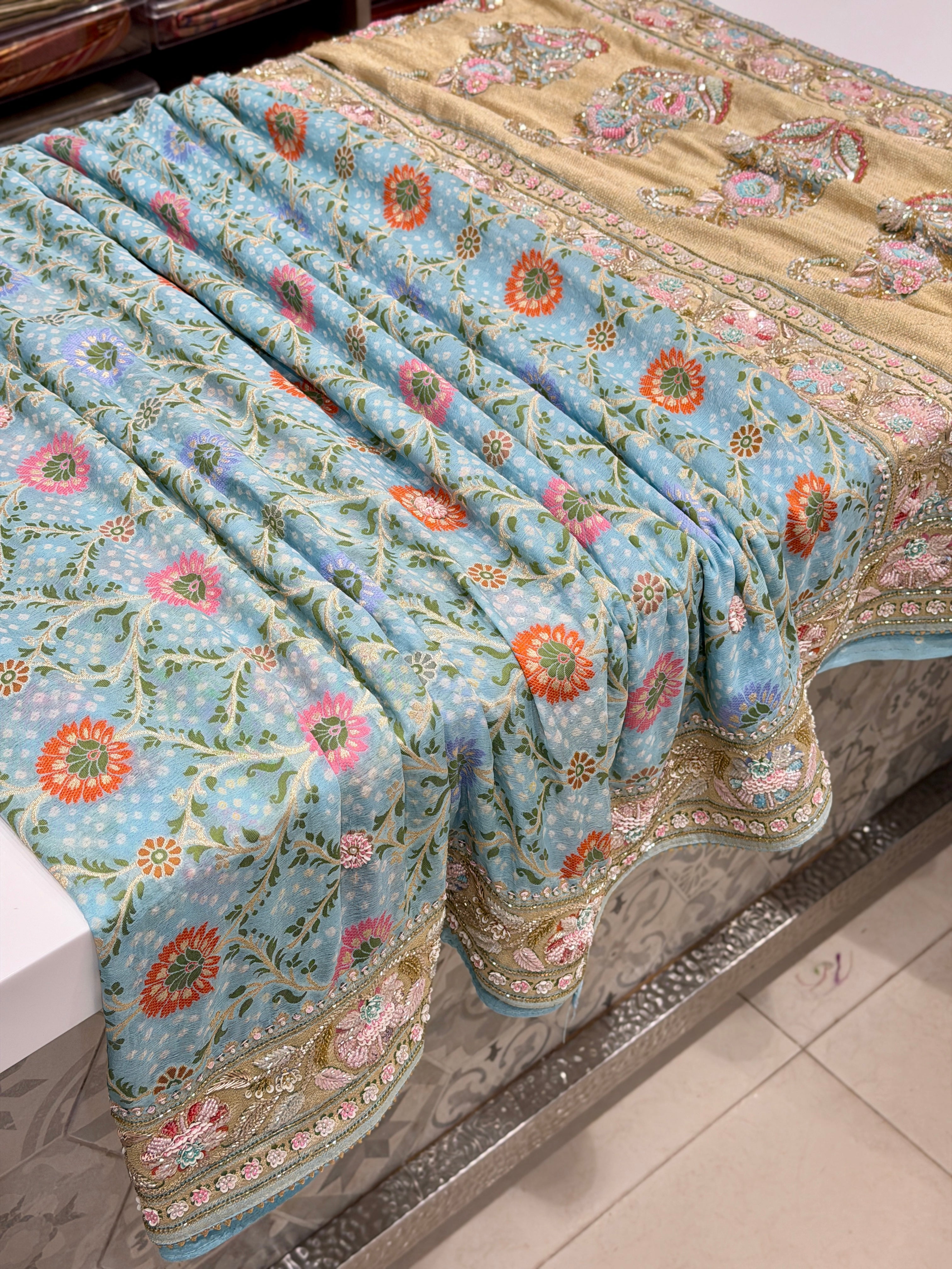 Pastel Blue Meenakari Bandhej Zardodi Kidiya Moti Hand Embroidery Saree