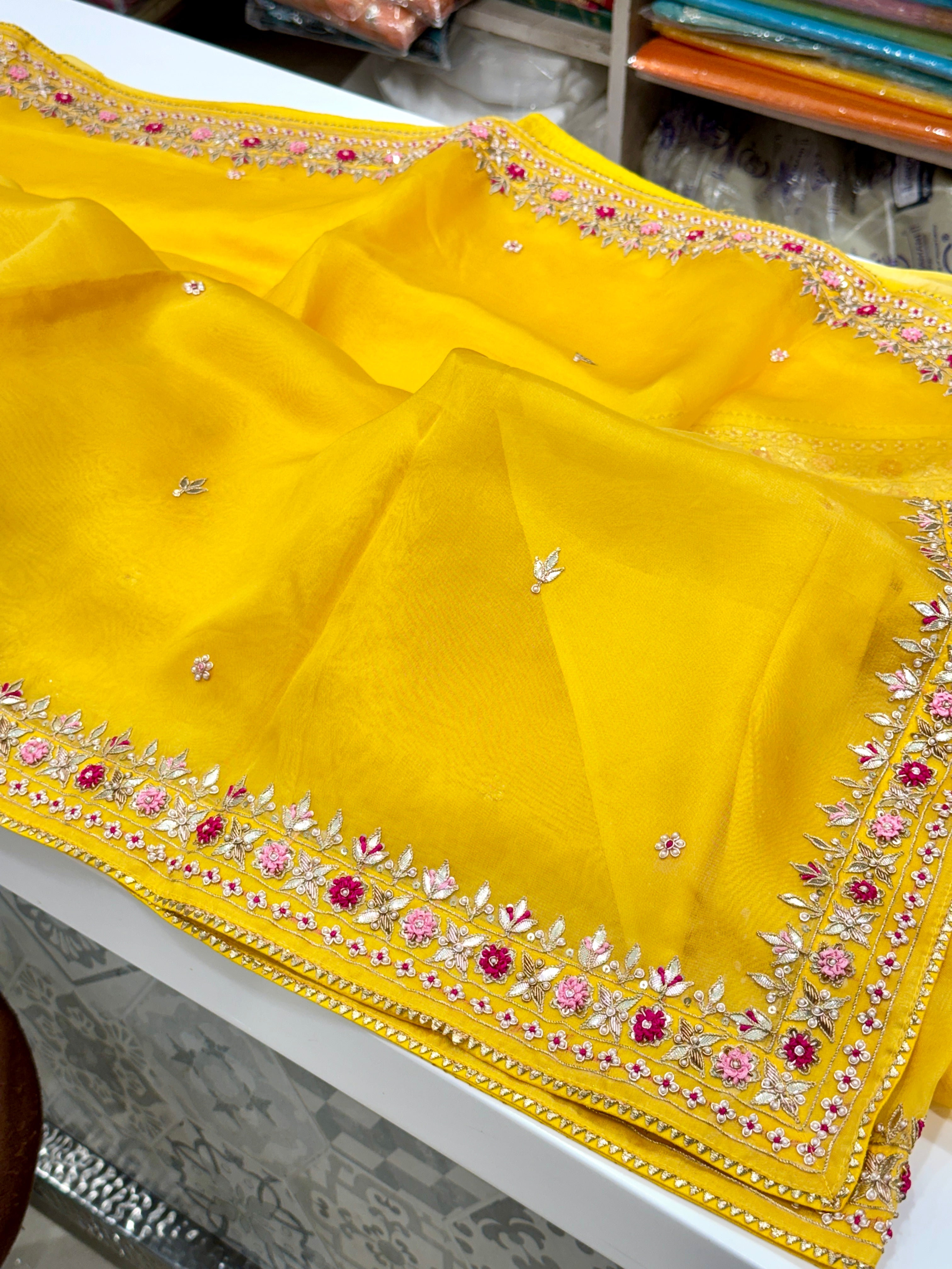 Yellow Handloom Organza Zardosi Saree