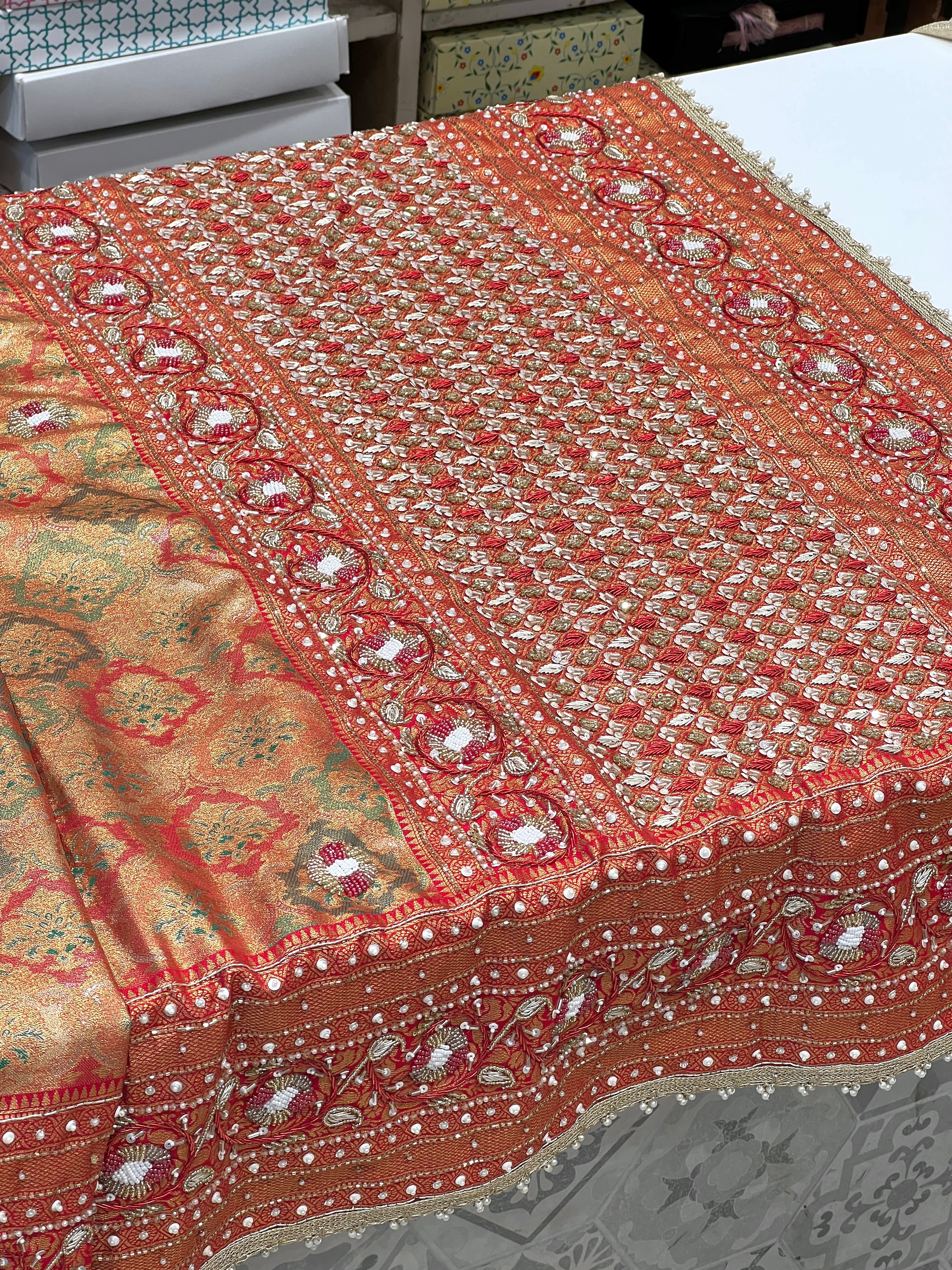 Reddish Golden Kanjivaram Hand Embroidery Saree