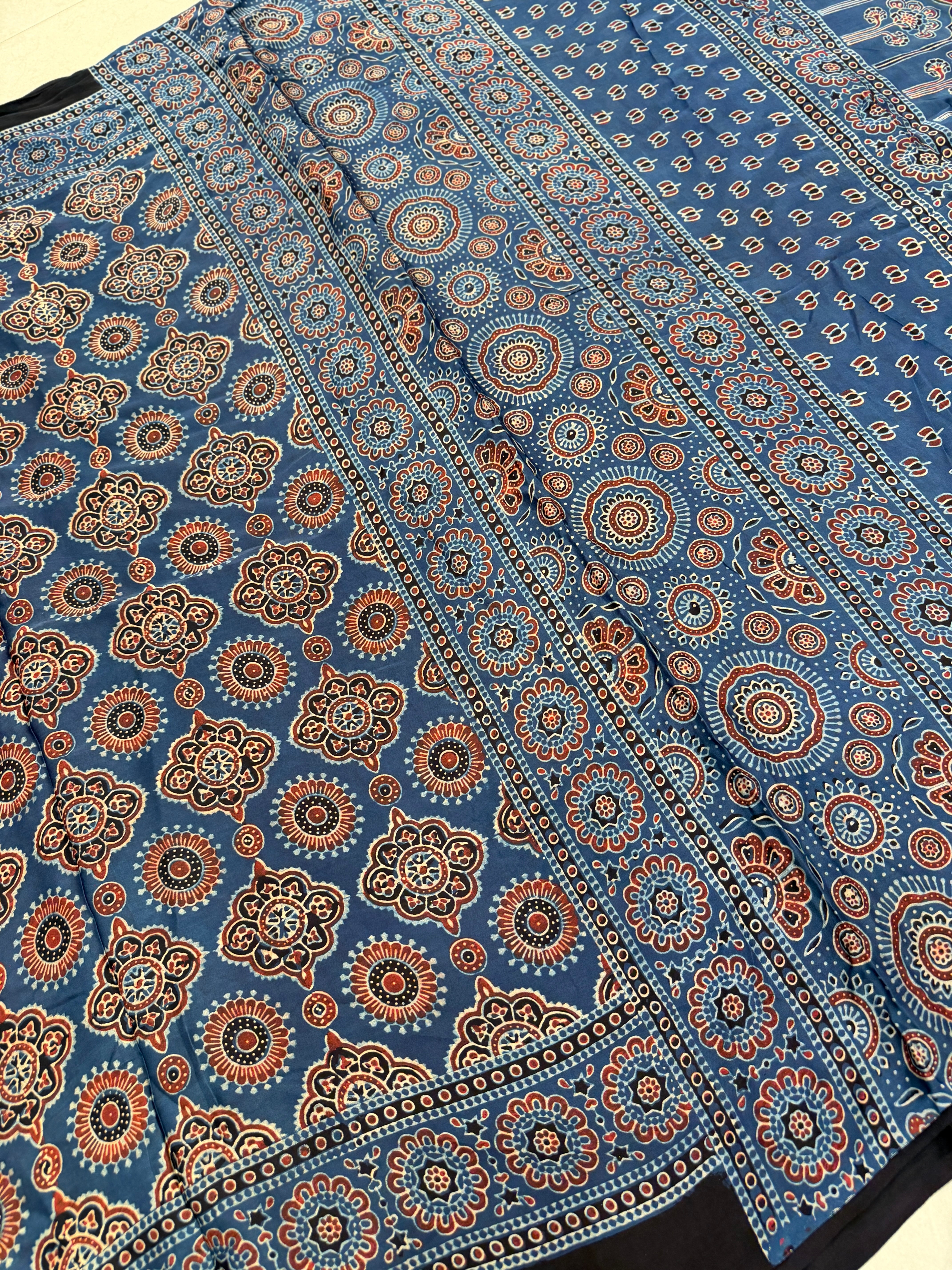 Blue Badam Jaal Ajrakh Hand Block Print Pure Gajji Silk Saree