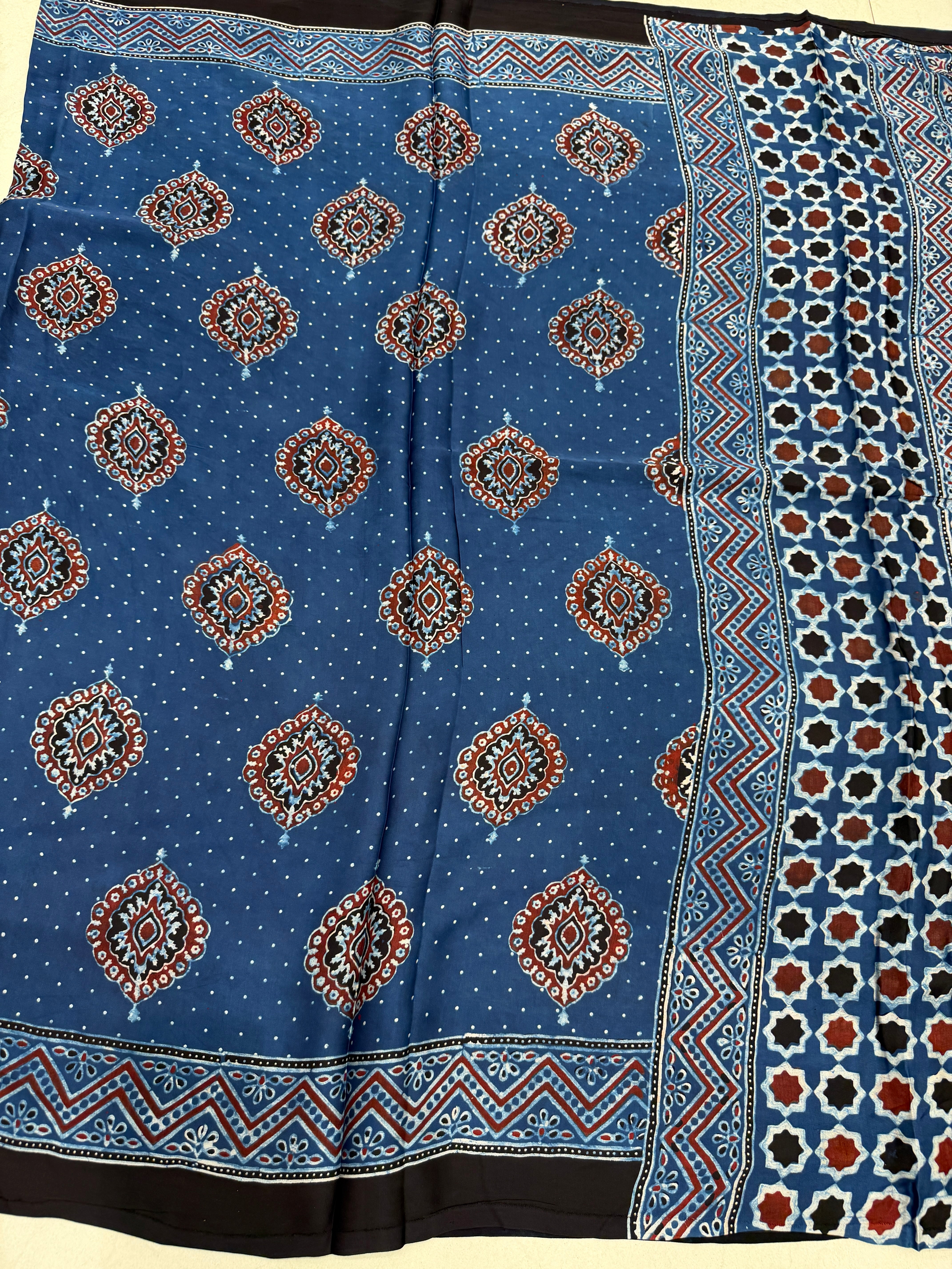Blue Badam Butta Ajrakh Hand Block Print Pure Gajji Silk Saree