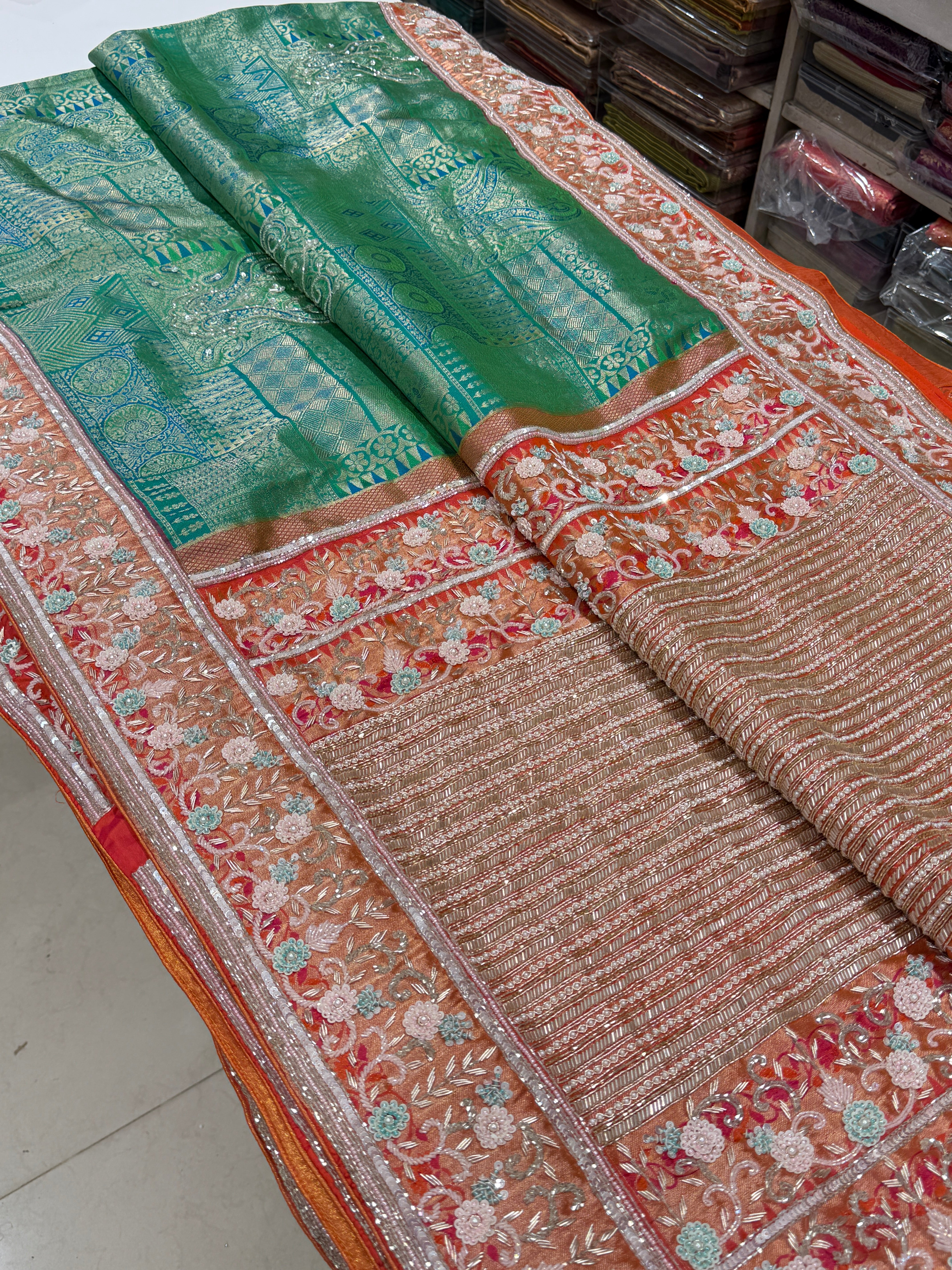 Green Orange Handloom Kanjivaram Hand Embroidery Saree