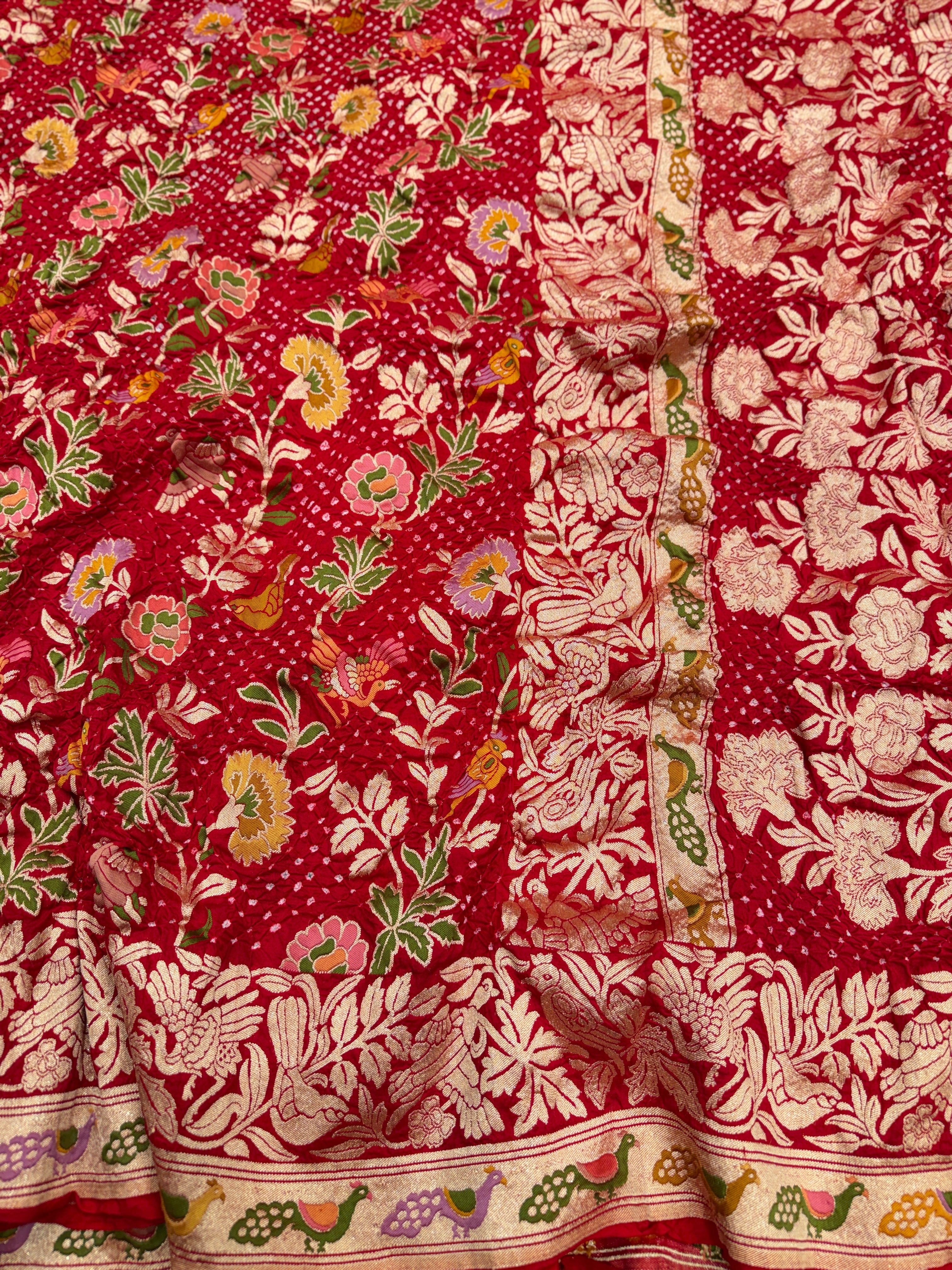 Red Meenakari Meenakari Jaal Peacock Motif Pure Handloom Bandhej Georgette Saree