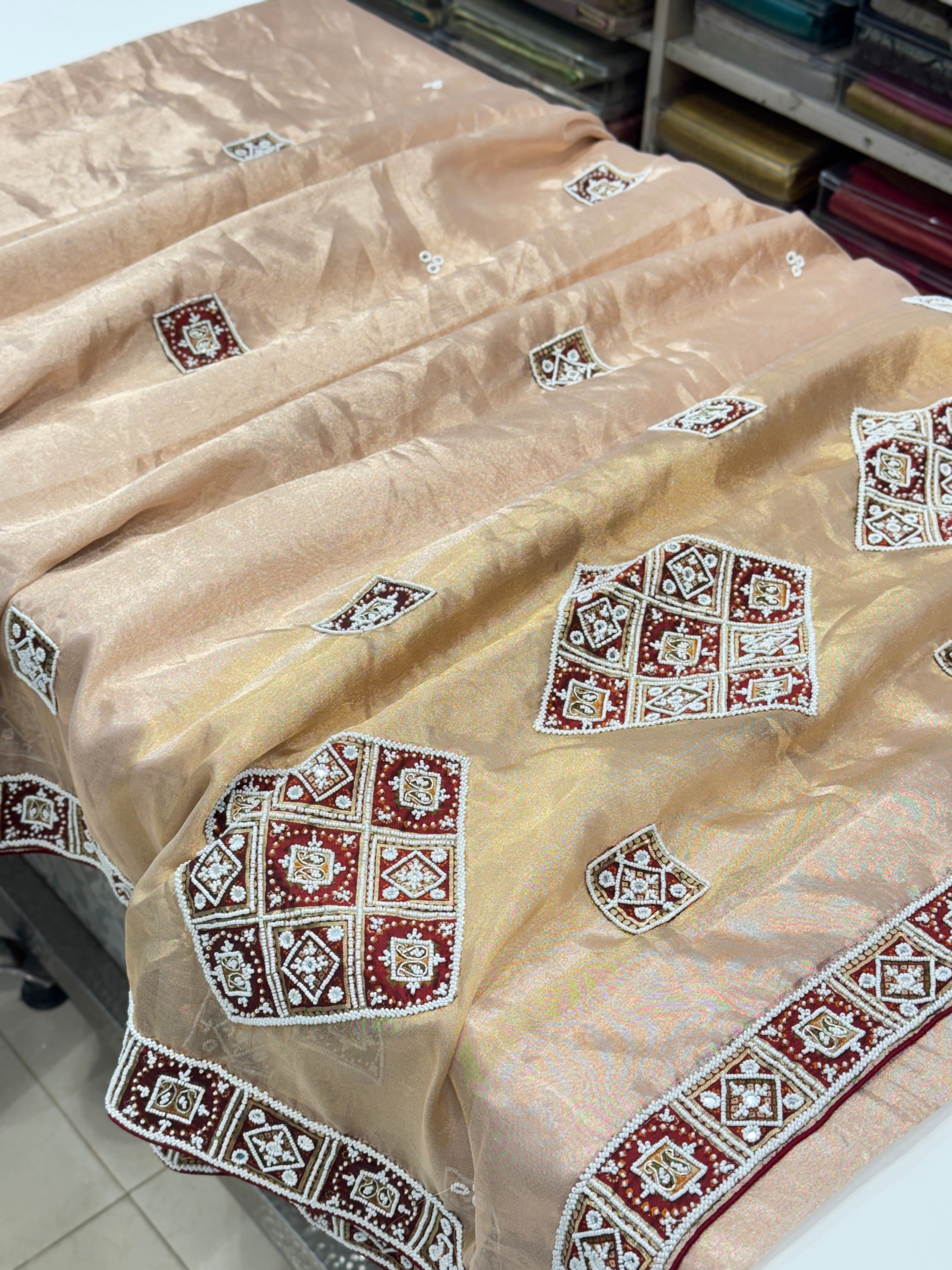Pink Tissue with Patan Patola Kidiya Moti Hand Embroidery Saree