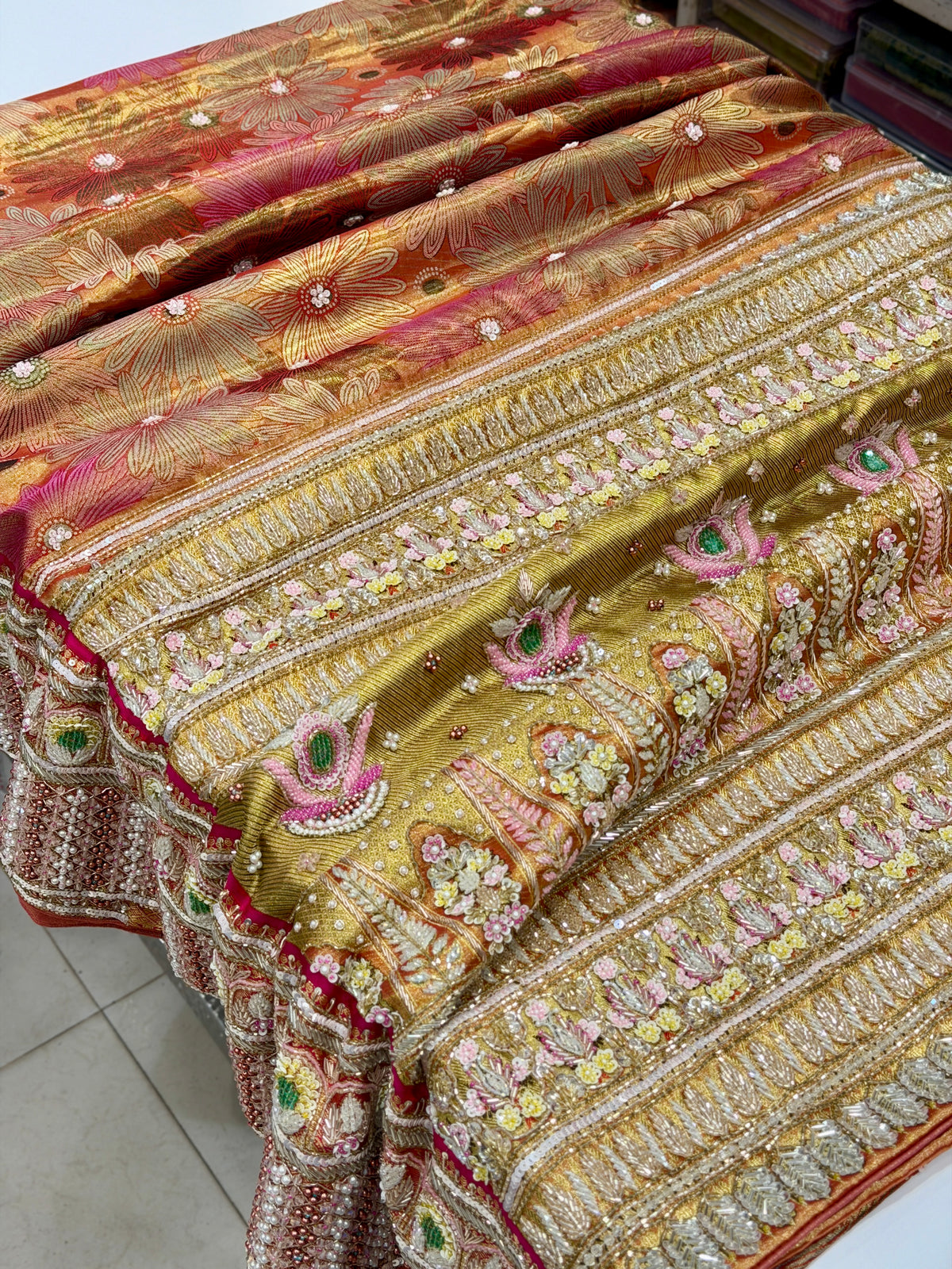 Red Floral Contrast Meenakari Tissue Kanjivaram Zardosi Hand Embroidery Saree