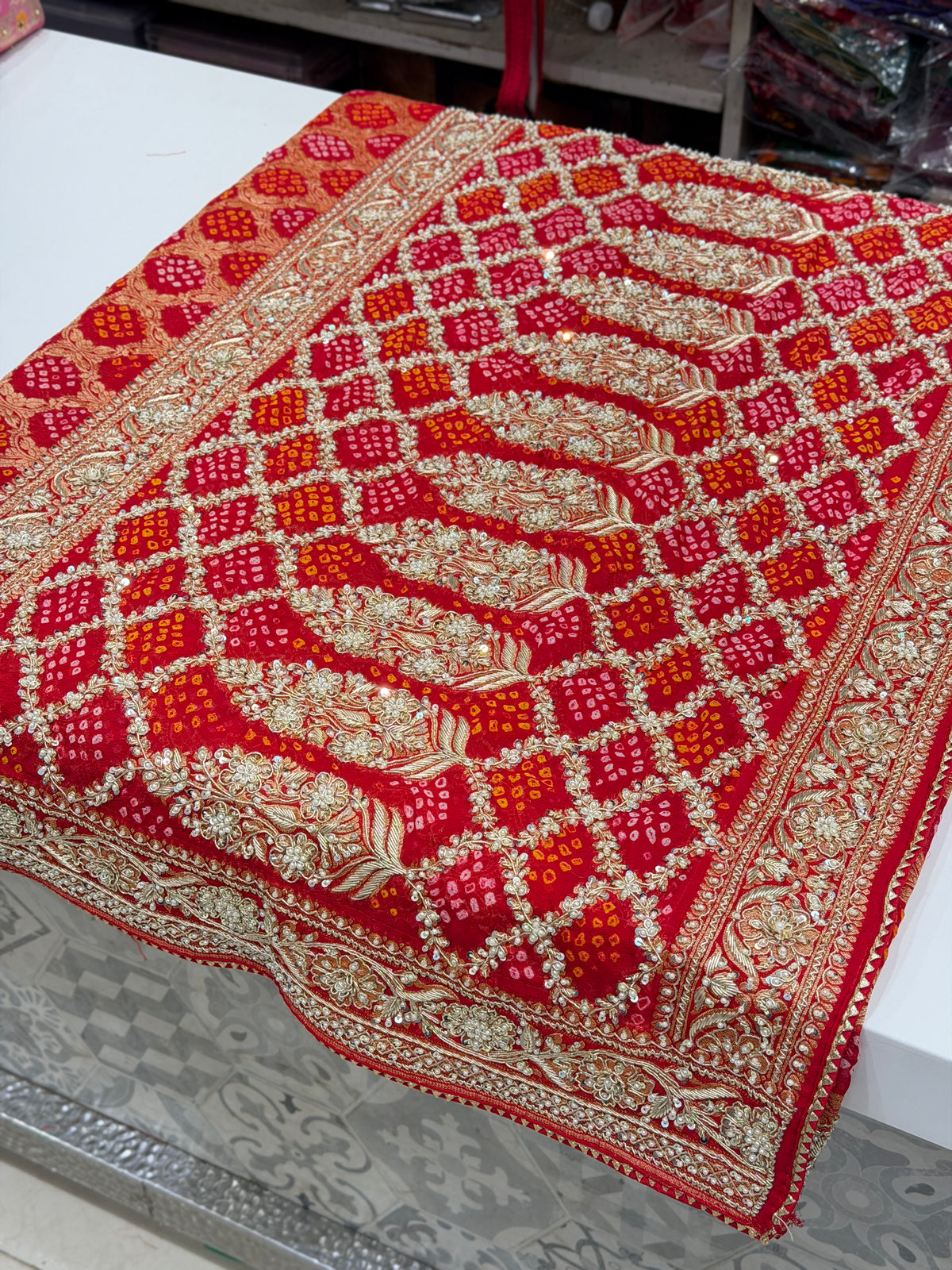 Red Rai Bandhej Georgette Saree Zardosi Hand Embroidery Saree