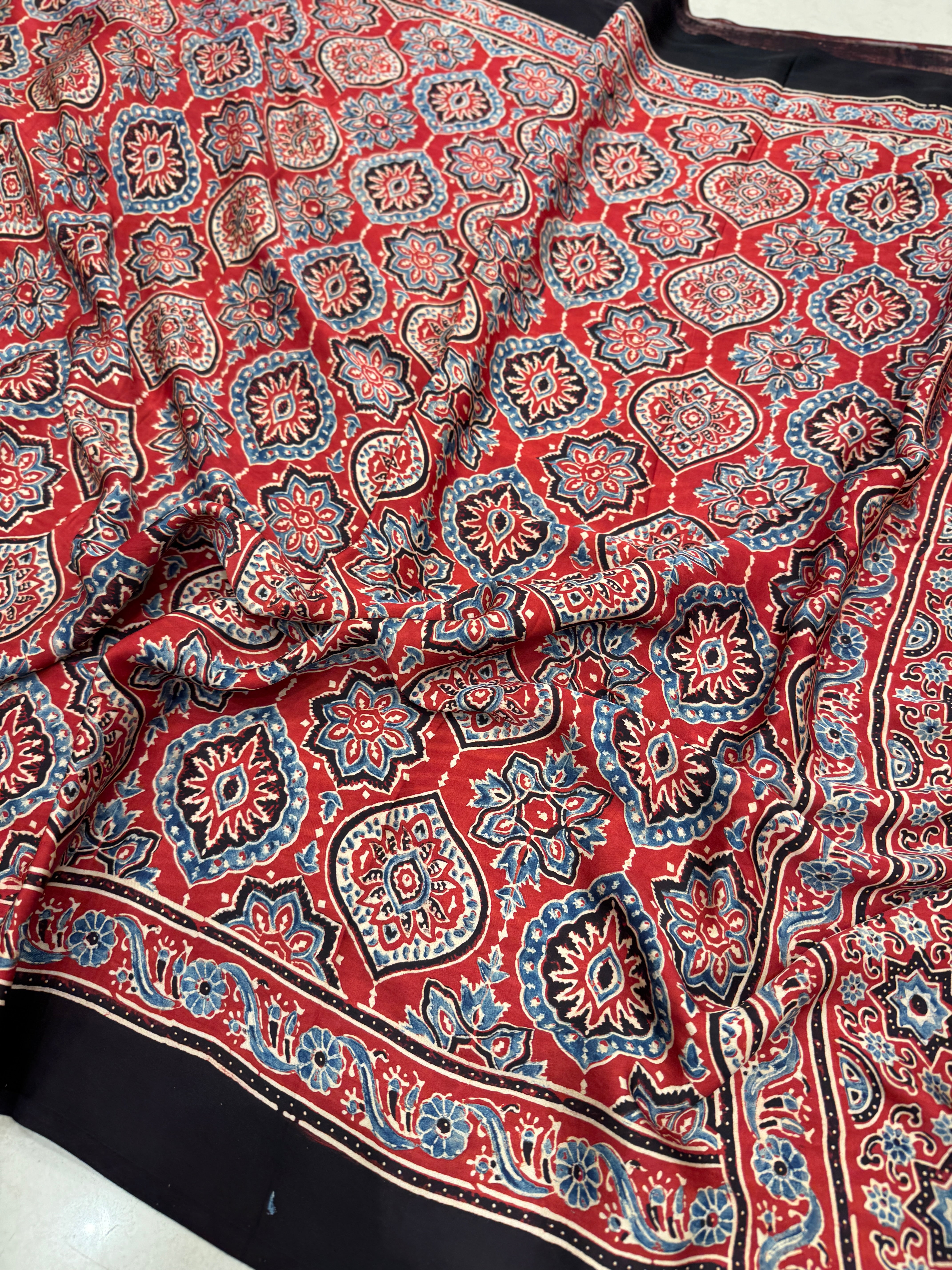 Red Jewelled Badam Butti Ajrakh Gajji Hand Block Print Saree