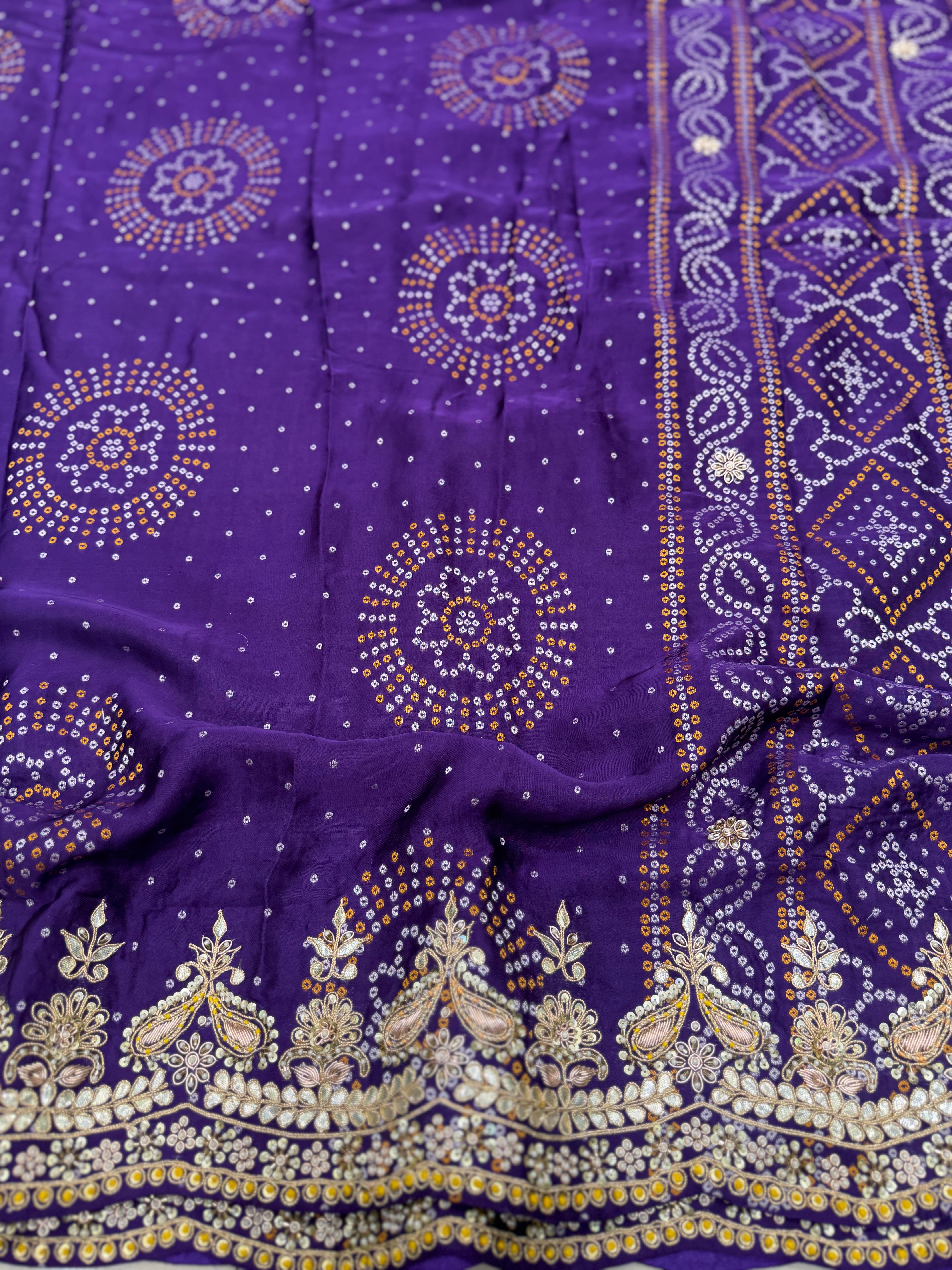 Violet Gajji Silk Woven Bandhej Zardosi Marodi Hand Embroidery Saree