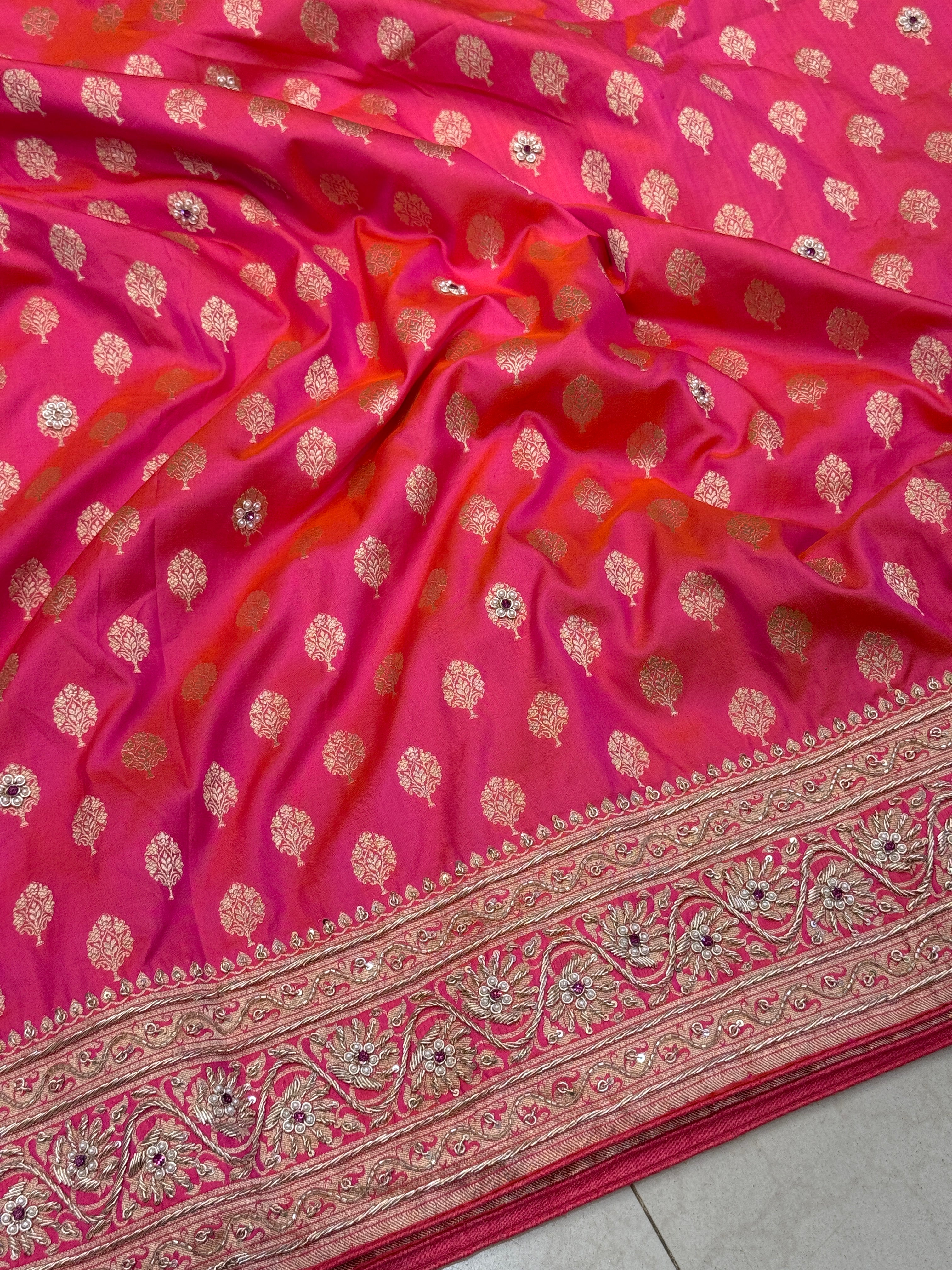 Rani Buttis Handloom Banarasi Pure Katan Zardosi Embroidery Saree