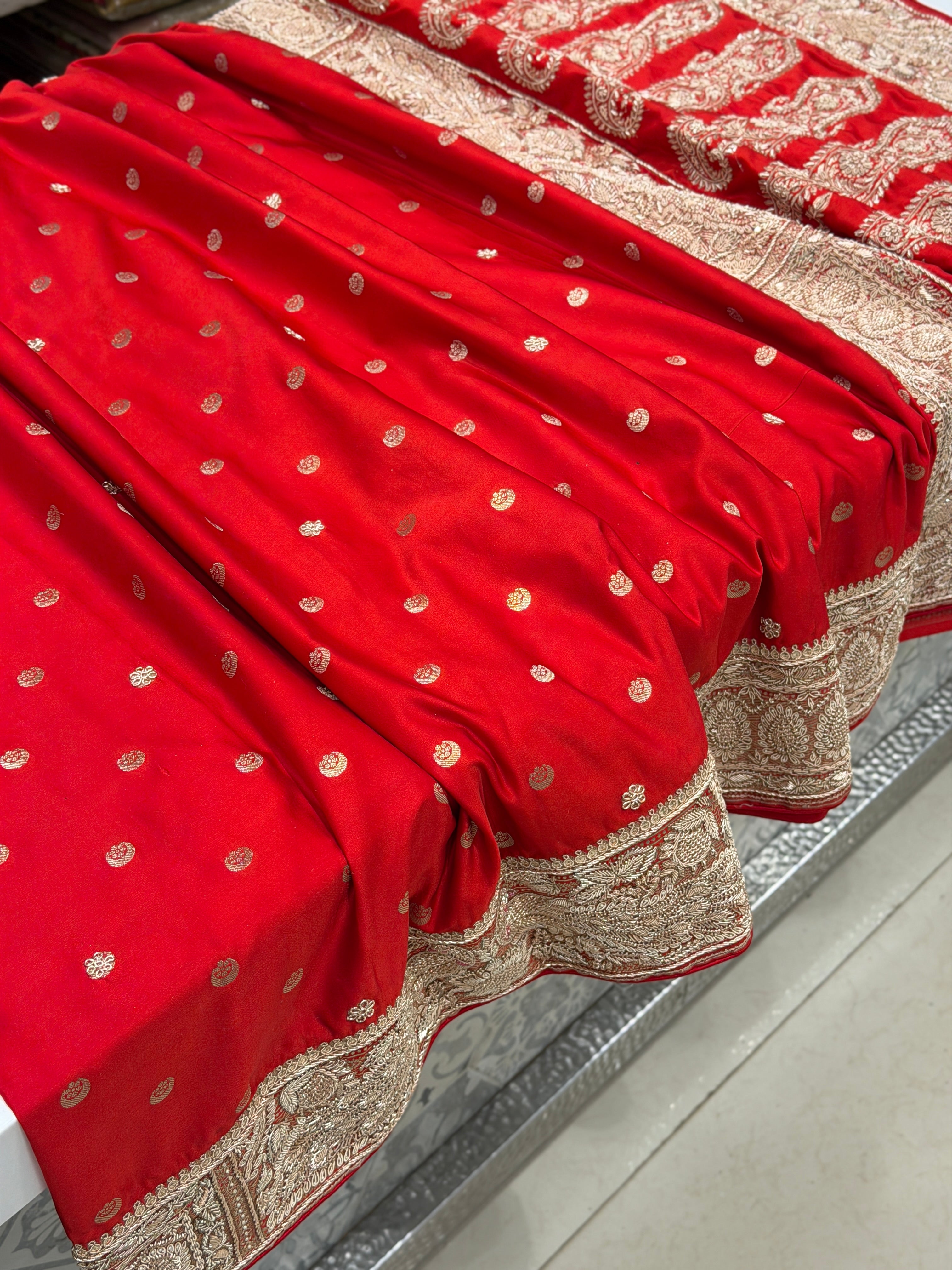 Red Chand Butti Zardosi Hand Embroidery Saree