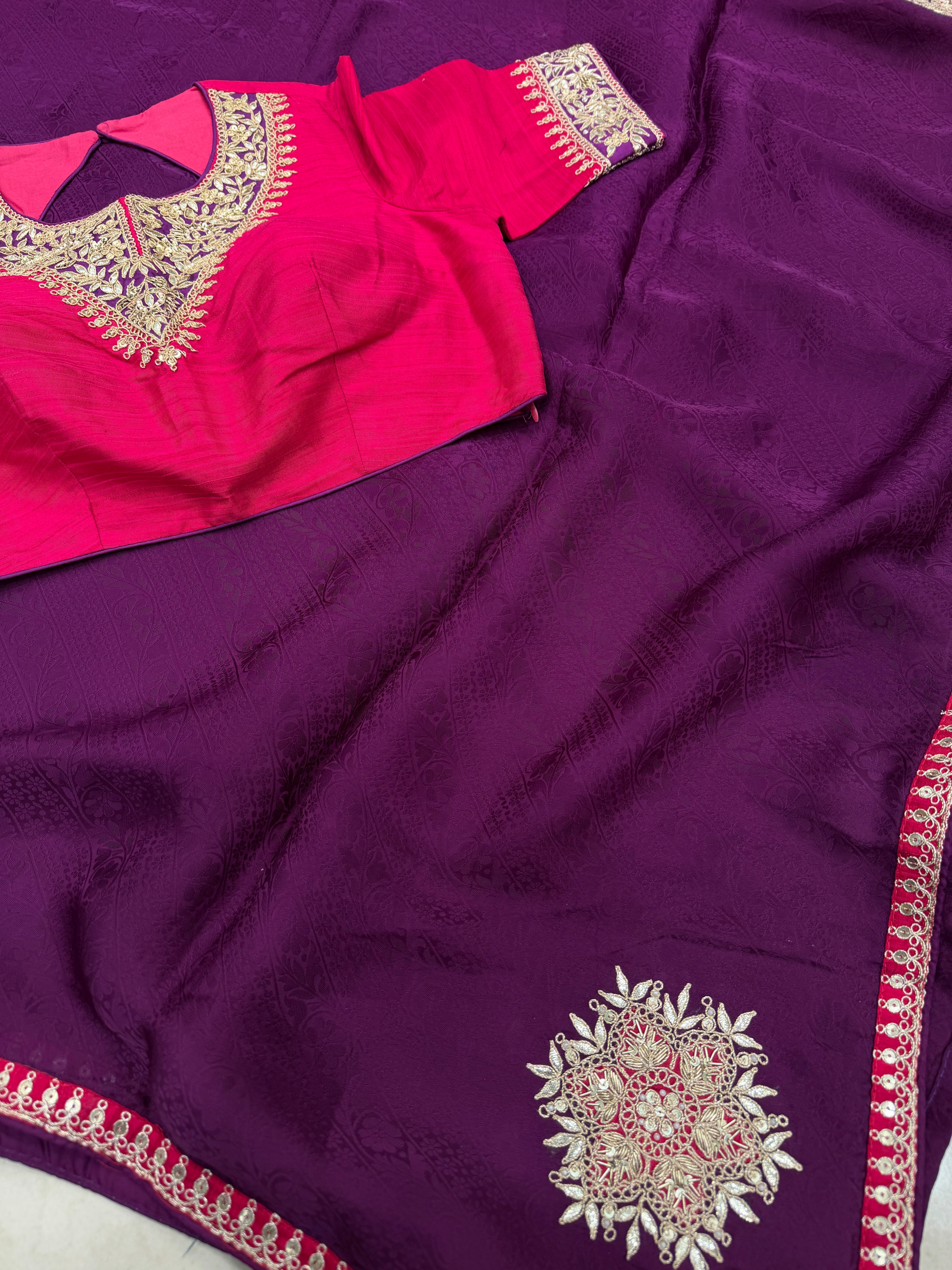 Violet Jaquard Crepe Saree with Gotapatti Marodi Stitched Blouse