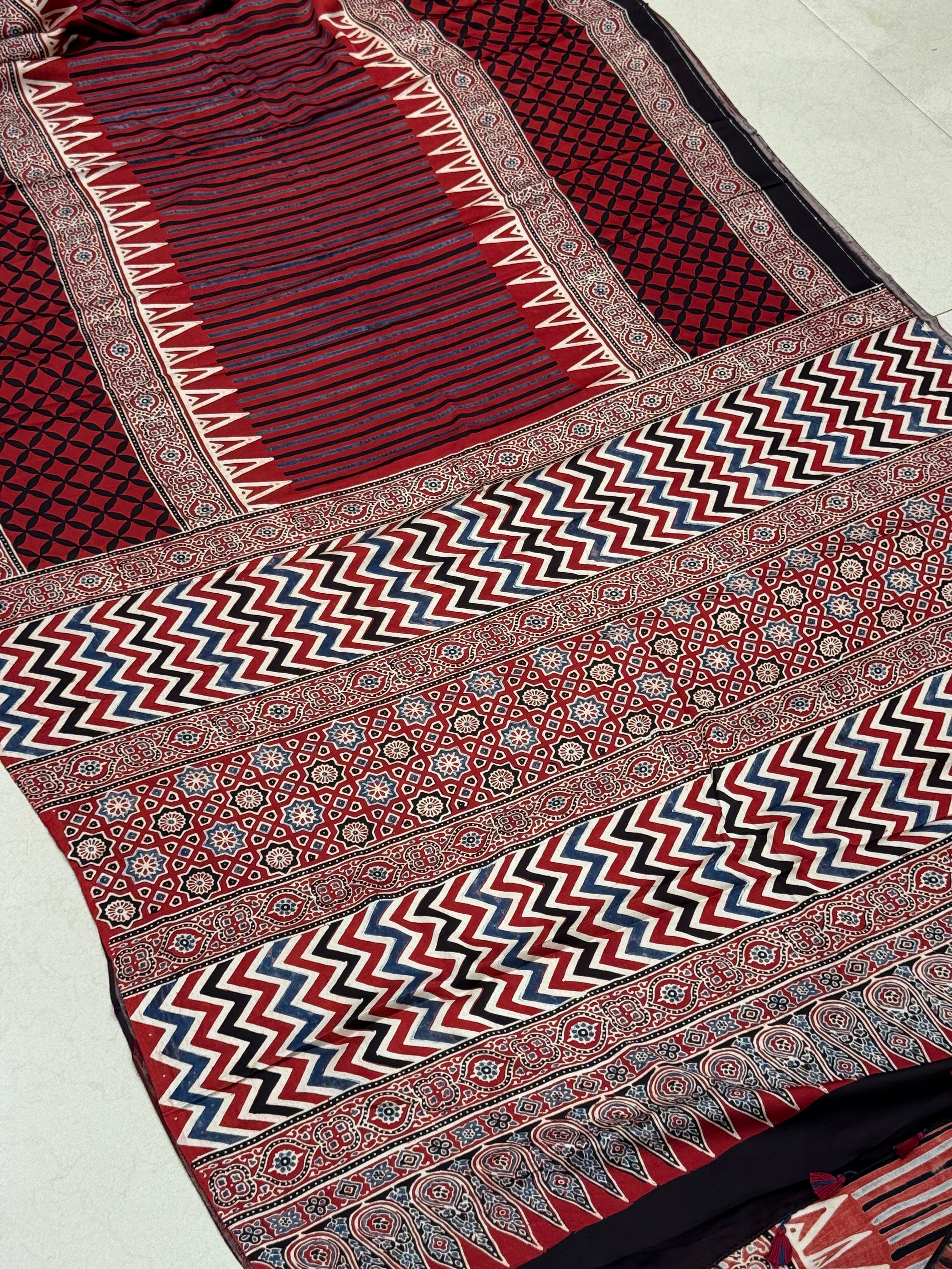 Red Line Contemporary Modal Gajji Silk Ajrakh Saree