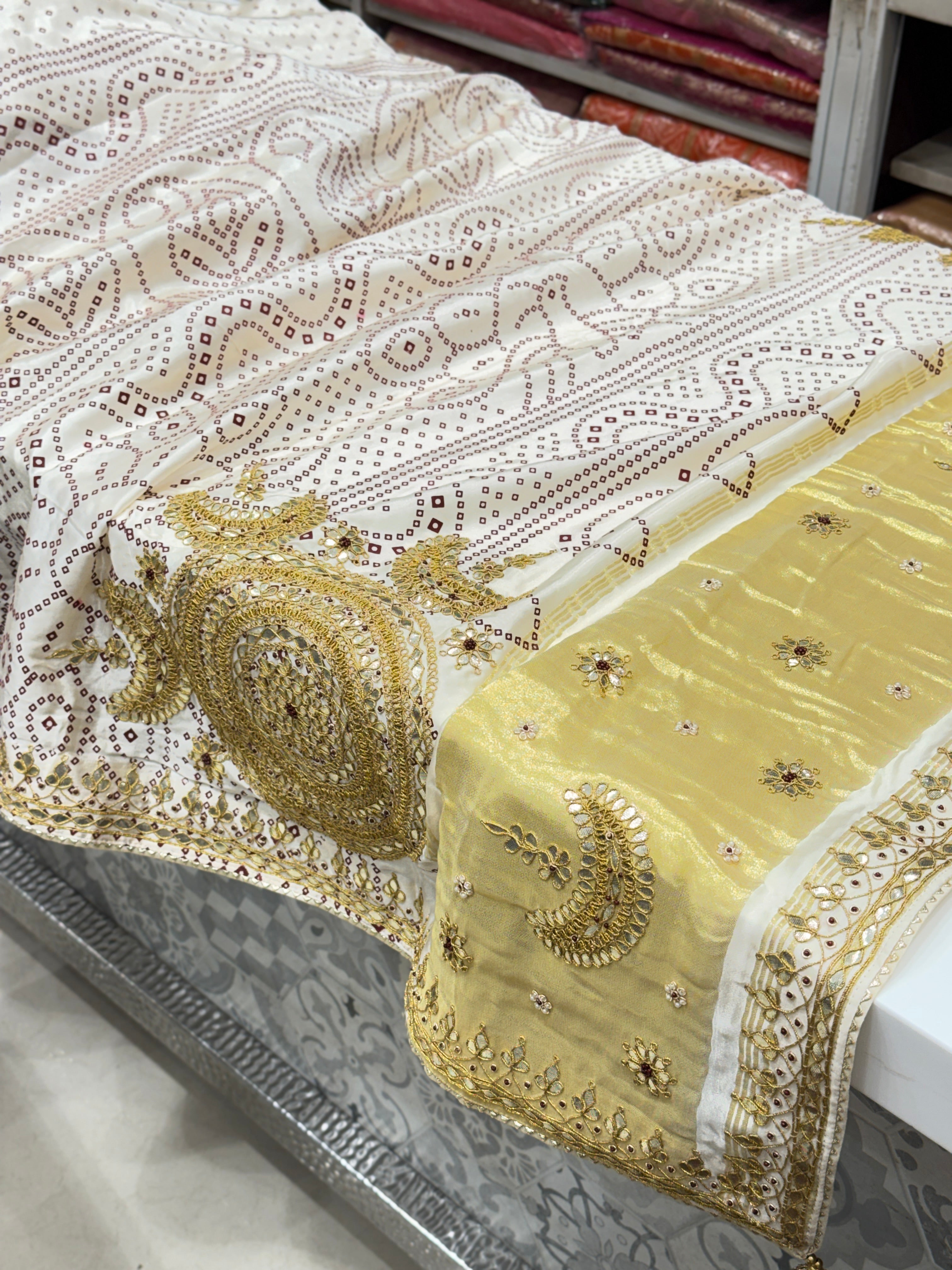 Moti White Gajji Silk Bandhej Print Hand Embroidery Gotapatti Work Saree