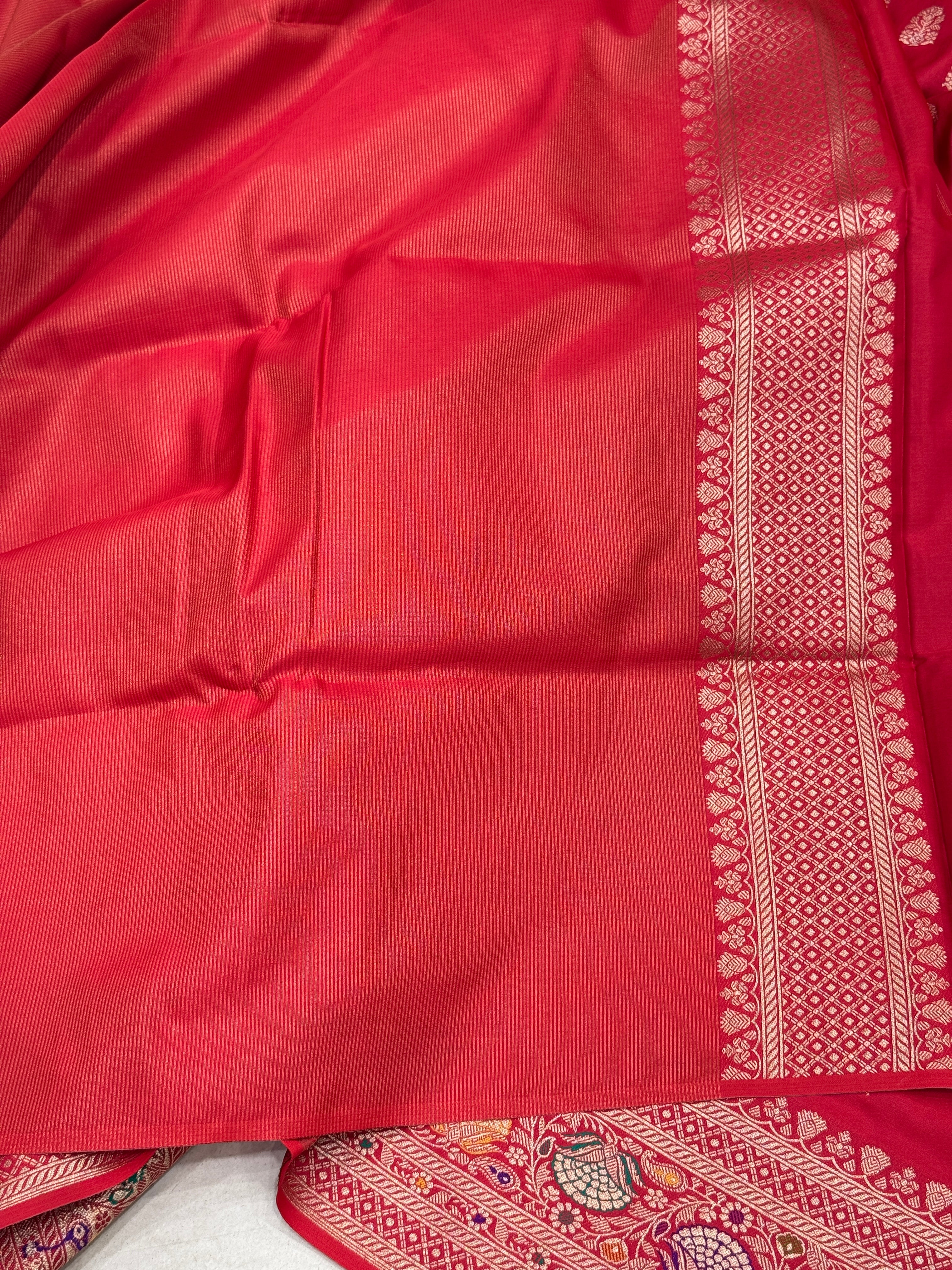 Red Banarasi Silk Butta Meena Border Saree