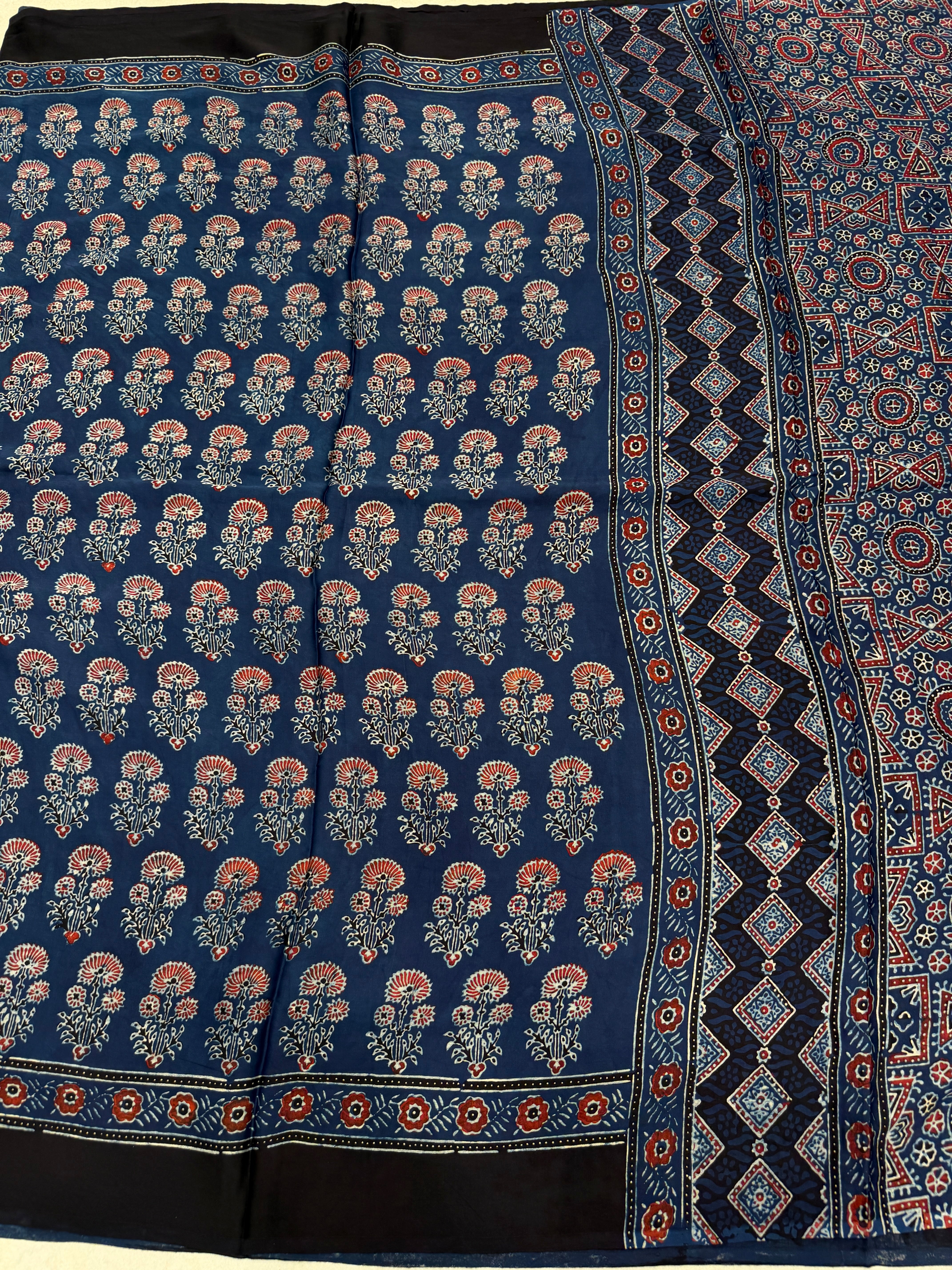 Blue Buttas Ajrakh Block Print Hand Pure Gajji Silk Saree