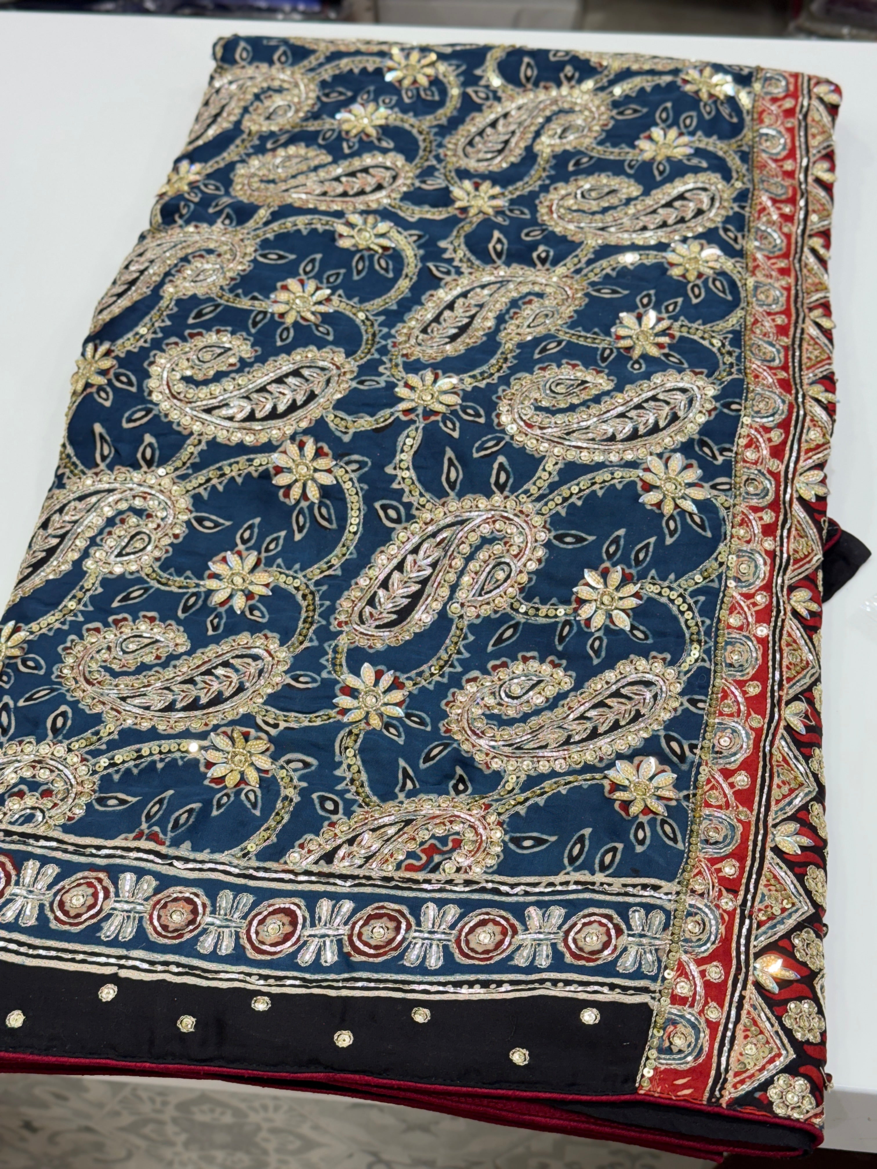 Ajrakh Blue Red Pallu Jaal Hand Embroidery Zardosi and Pita Work