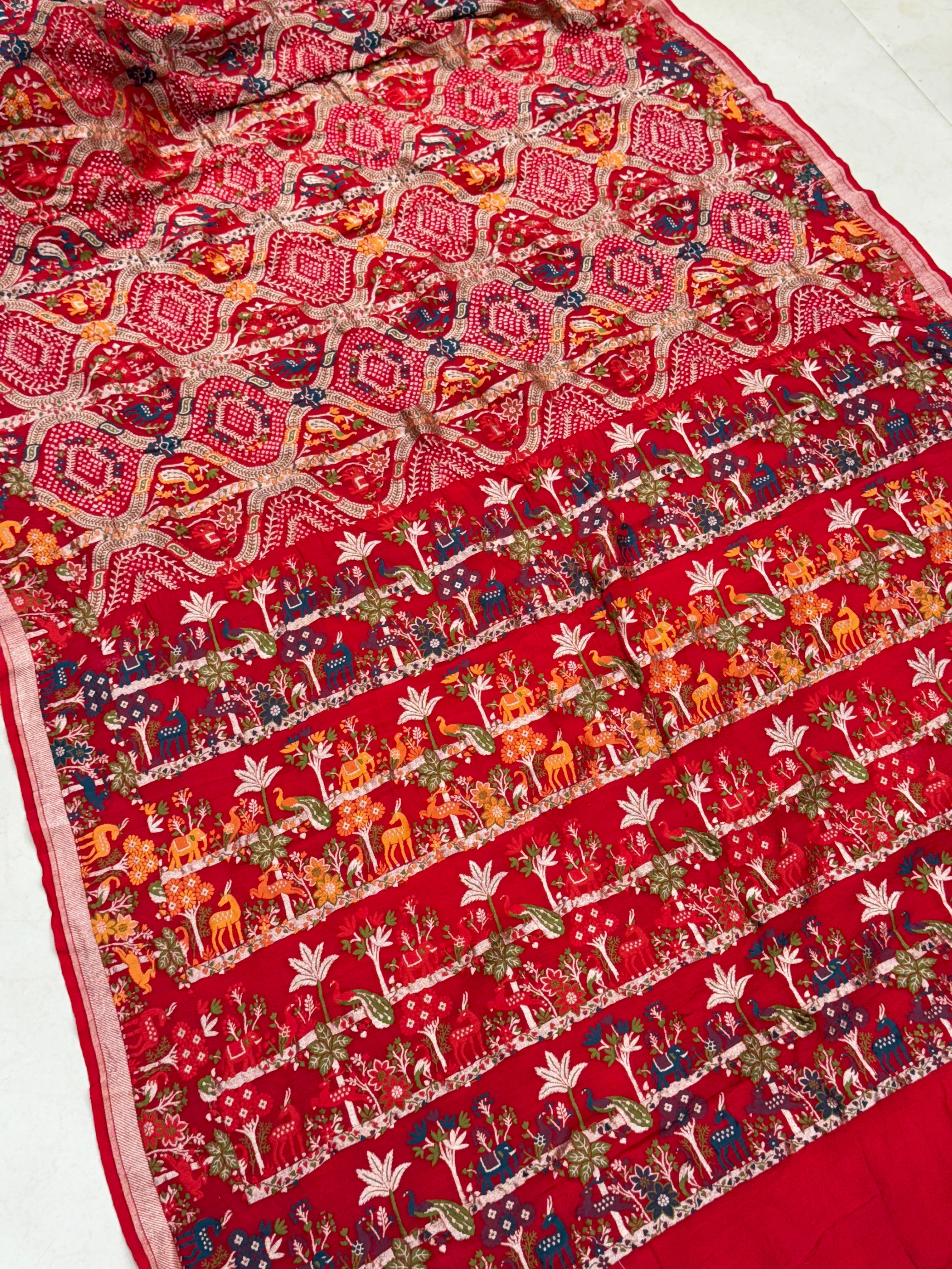 Red Meenakari Rai Bandhej Shikara Border Saree
