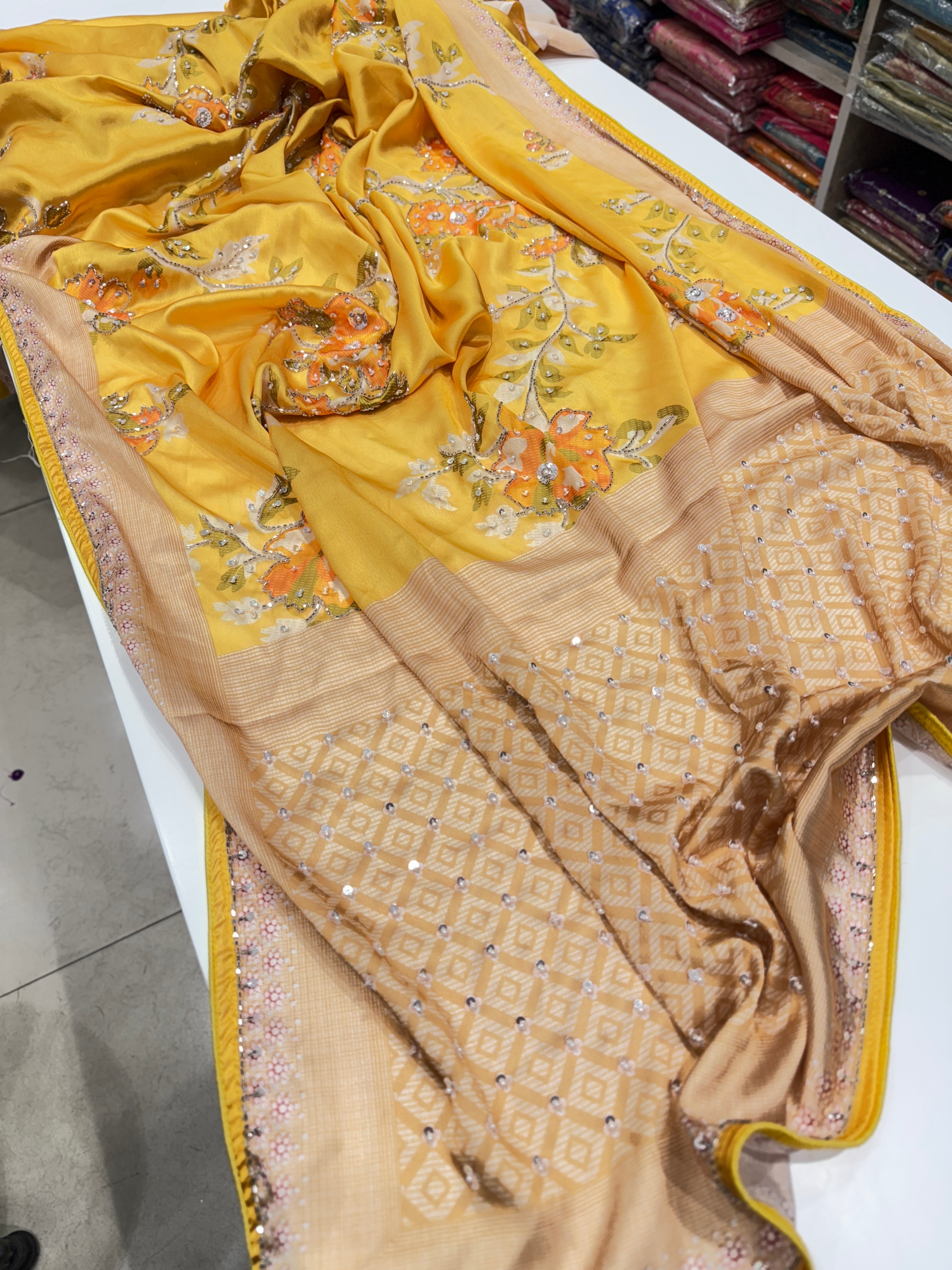 Yellow Satin Floral Print Hand Embroidery Saree