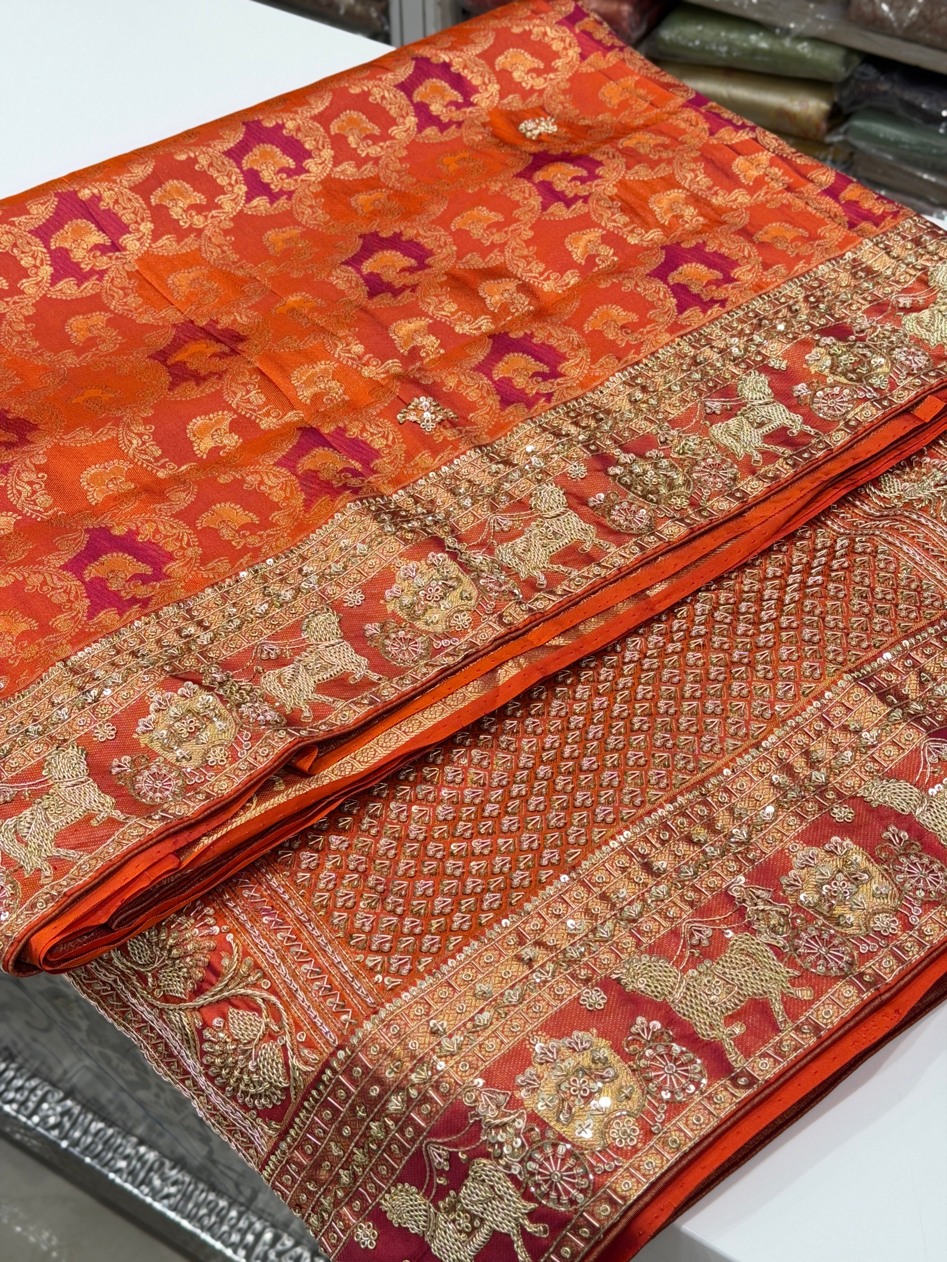 Orange Kanjivaram Doli Edit Zardosi Hand Embroidery Saree