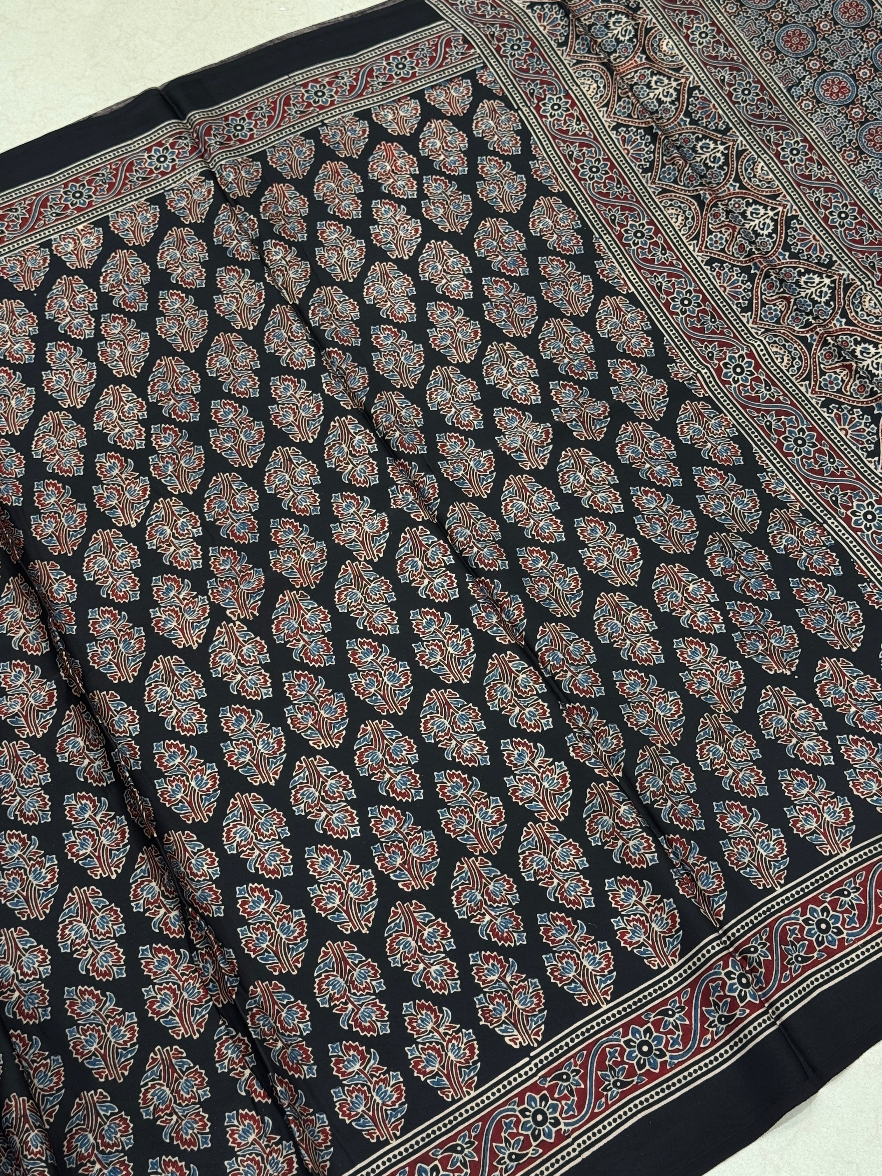 Black Tree Buttas Hand Block Print Ajrkah Pure Gajji Silk Saree