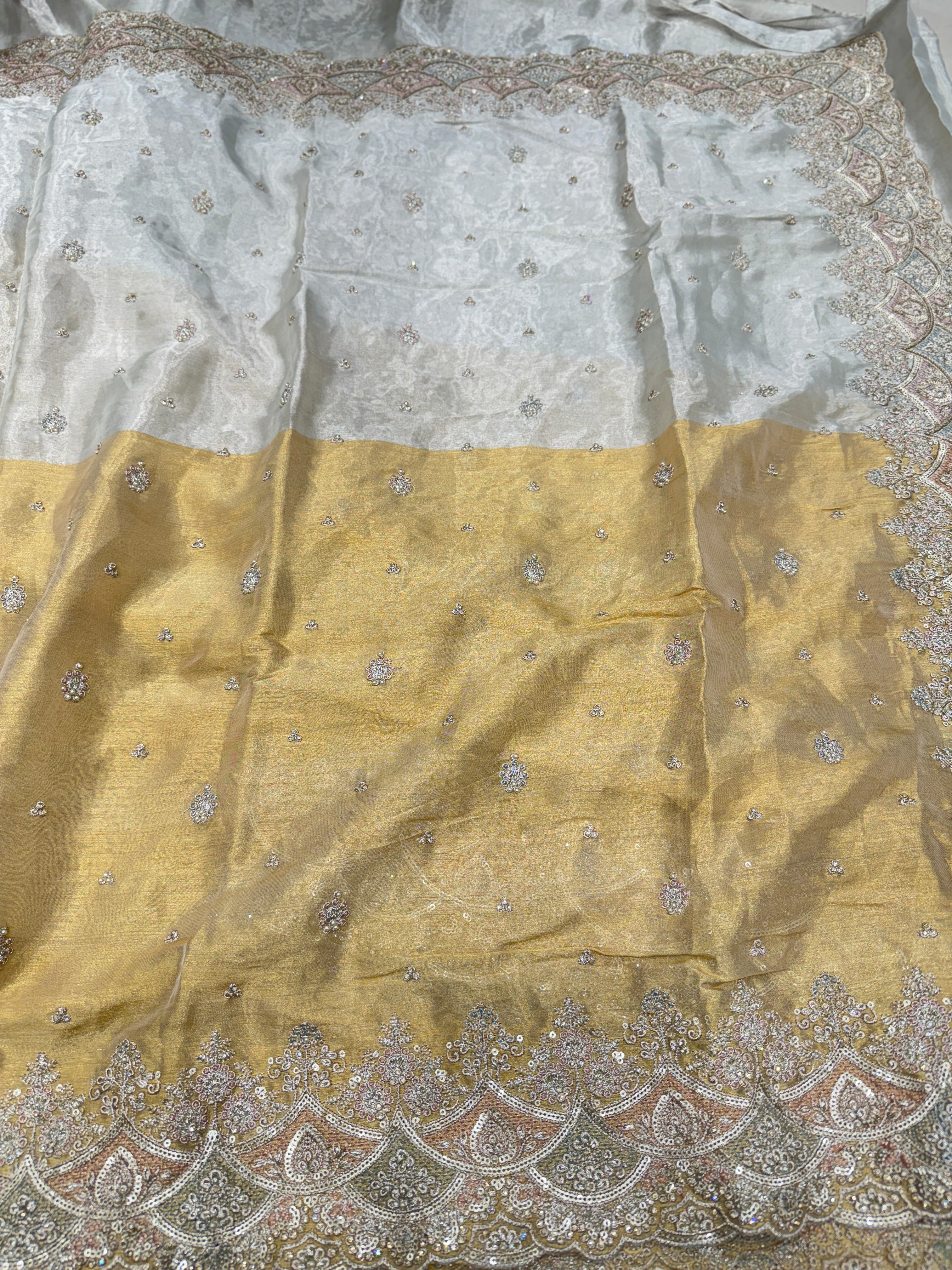 Golden Silver Soft Tissue Pita Double Scallop Embroidery Saree