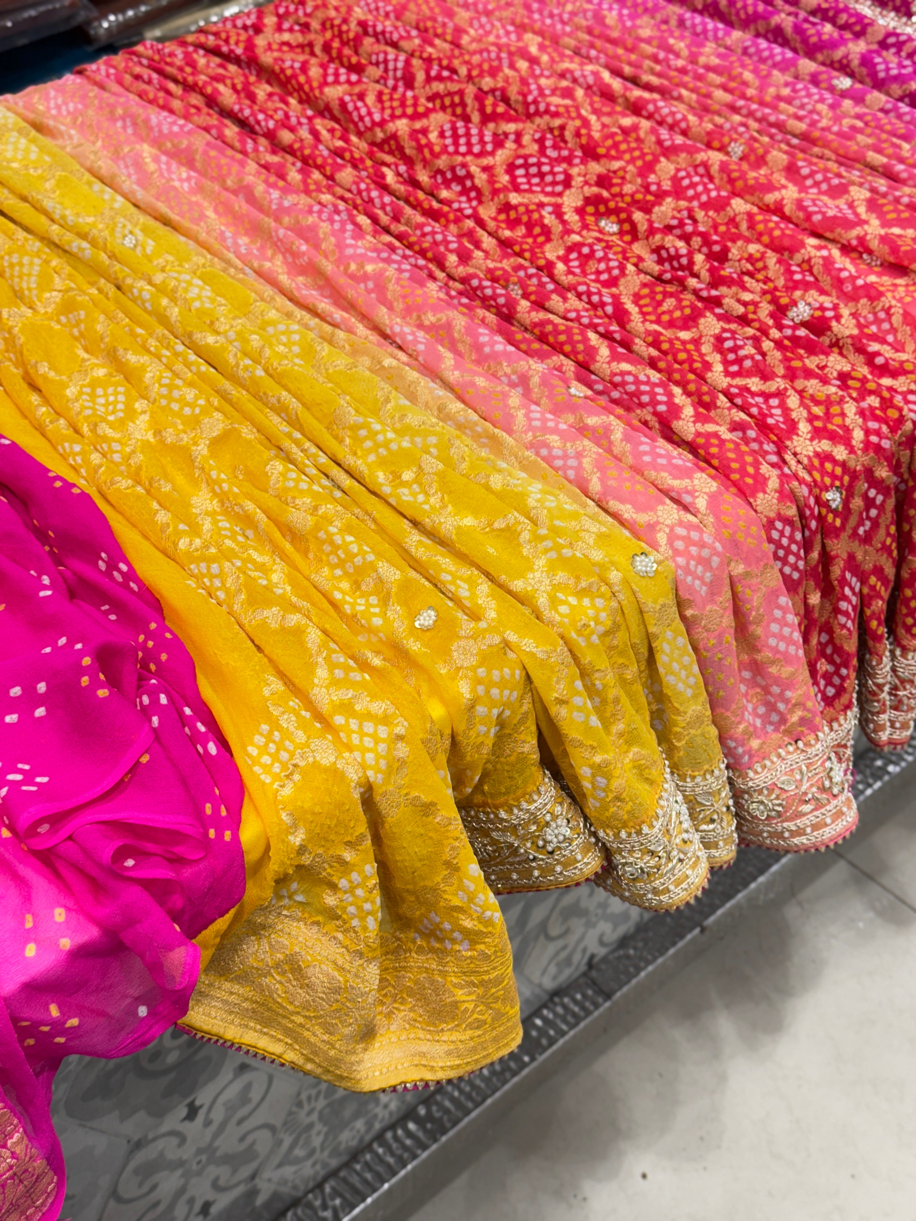 Six Colour Shaded Hand Embroidery Bandhej Saree