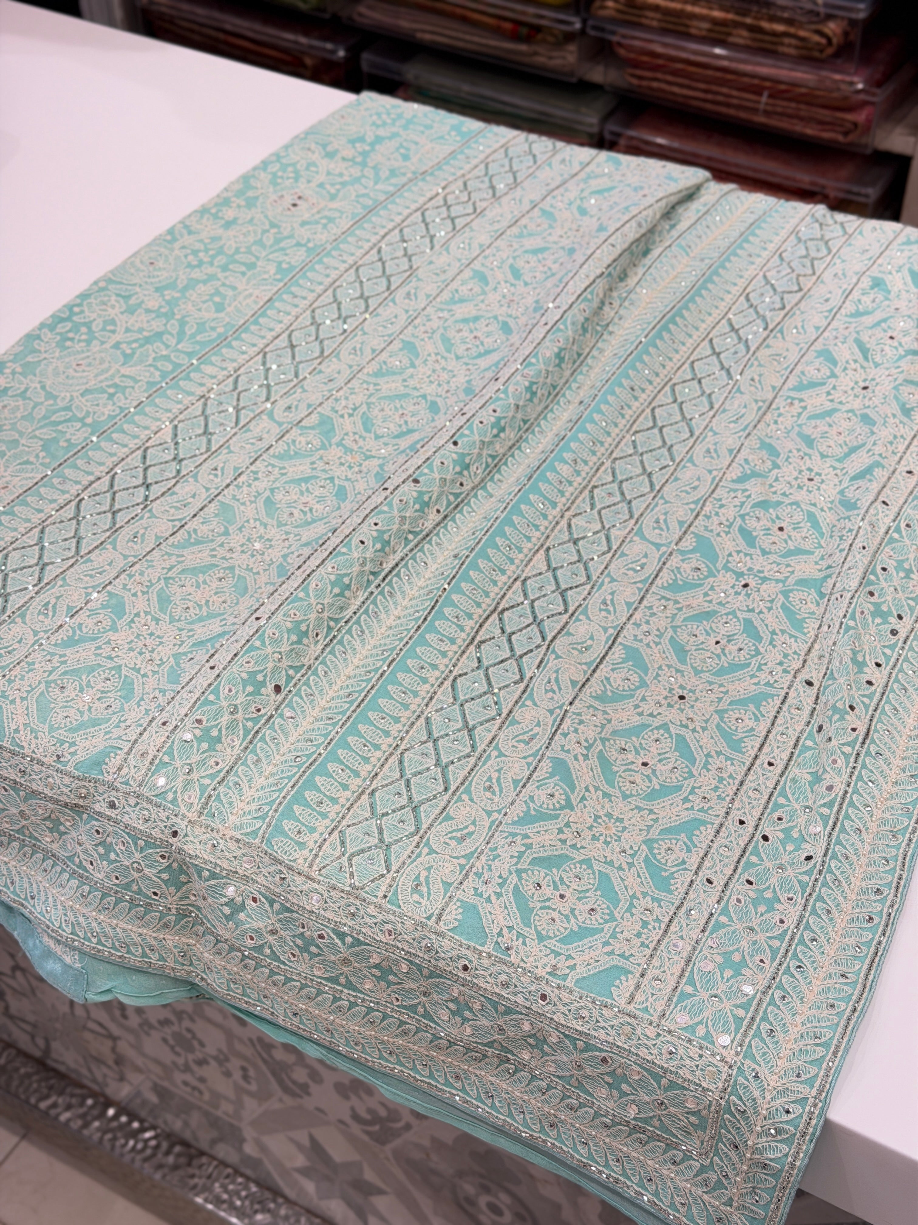 Sea Green Chikankari Georgette Mirror Moti Embroidery Saree