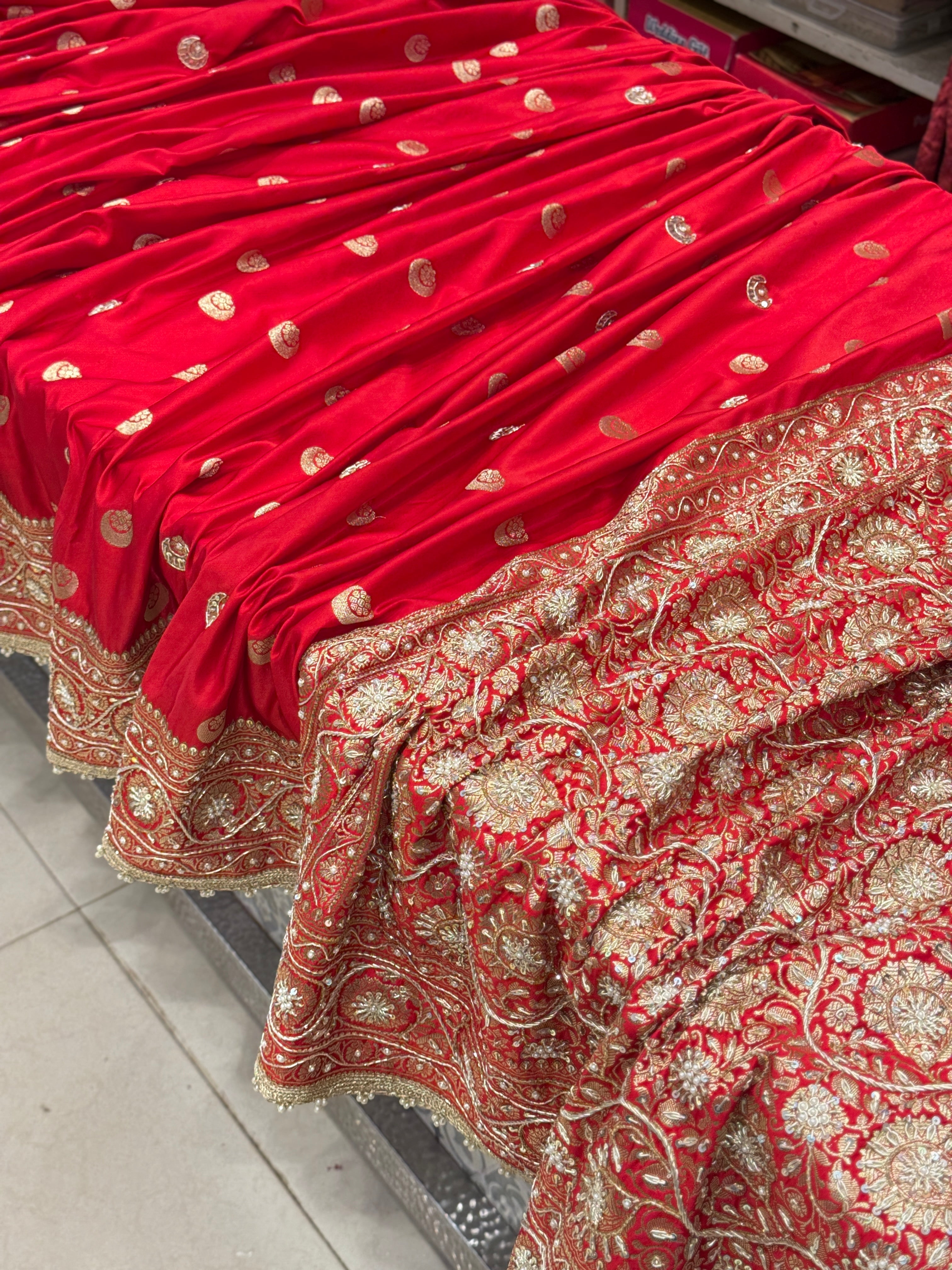 Red Banarasi Chand Buttis Zardosi Hand Embroidery Saree